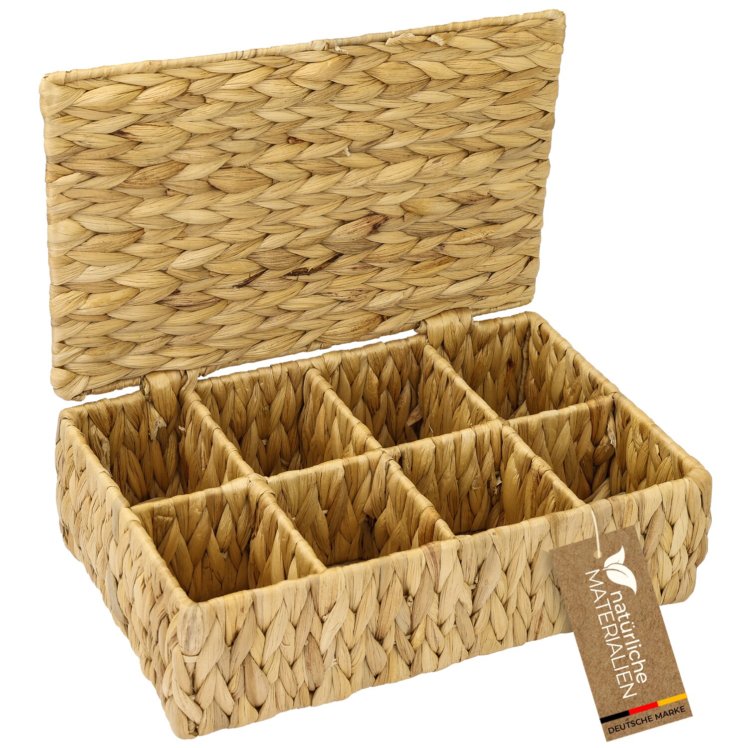 Teebox für Teebeutel geflochten aus Wasserhyazinthe, Tee Aufbewahrungsbox mit 8 großen Fächern, 33 x 21 x 10 cm