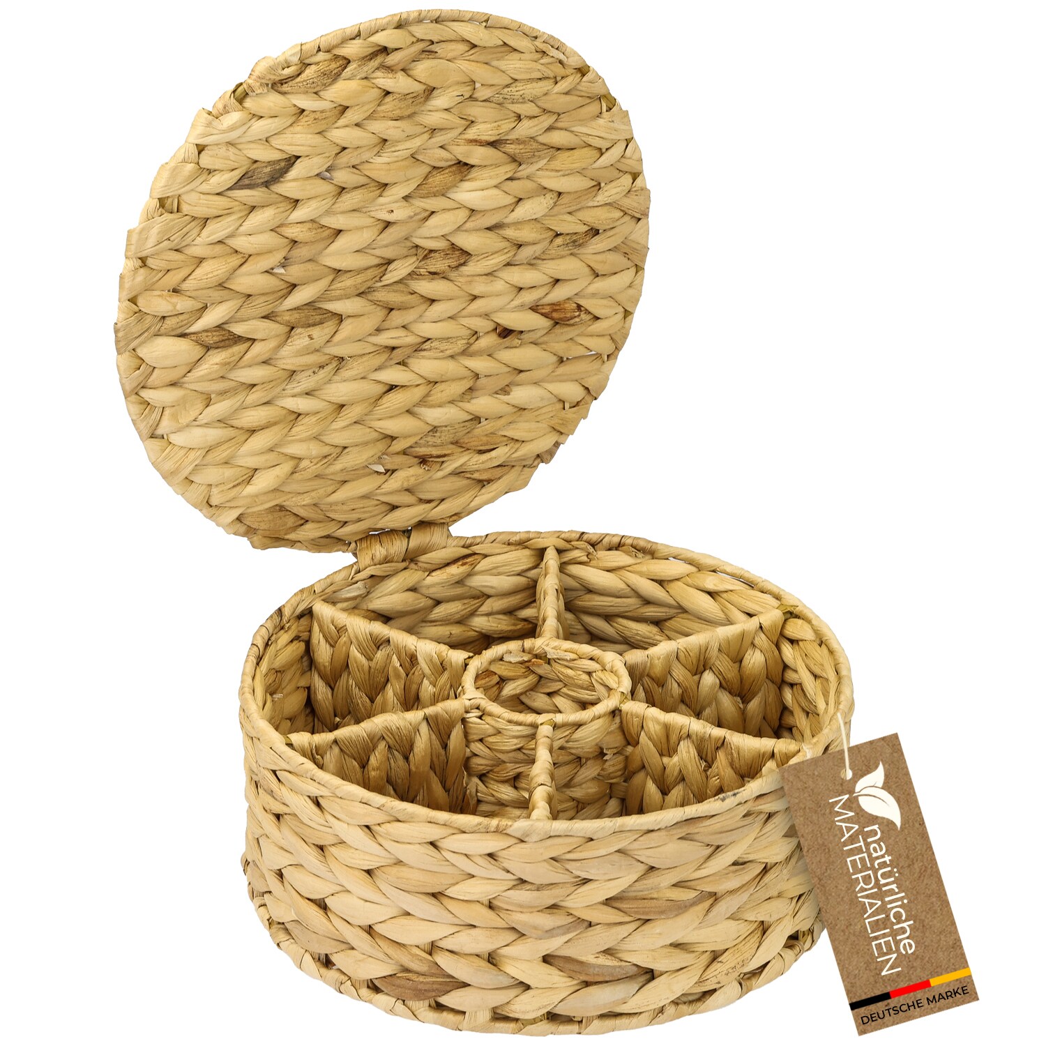 Teebox für Teebeutel geflochten aus Wasserhyazinthe, Tee Aufbewahrungsbox mit 7 großen Fächern, 27 x 27 x 11 cm
