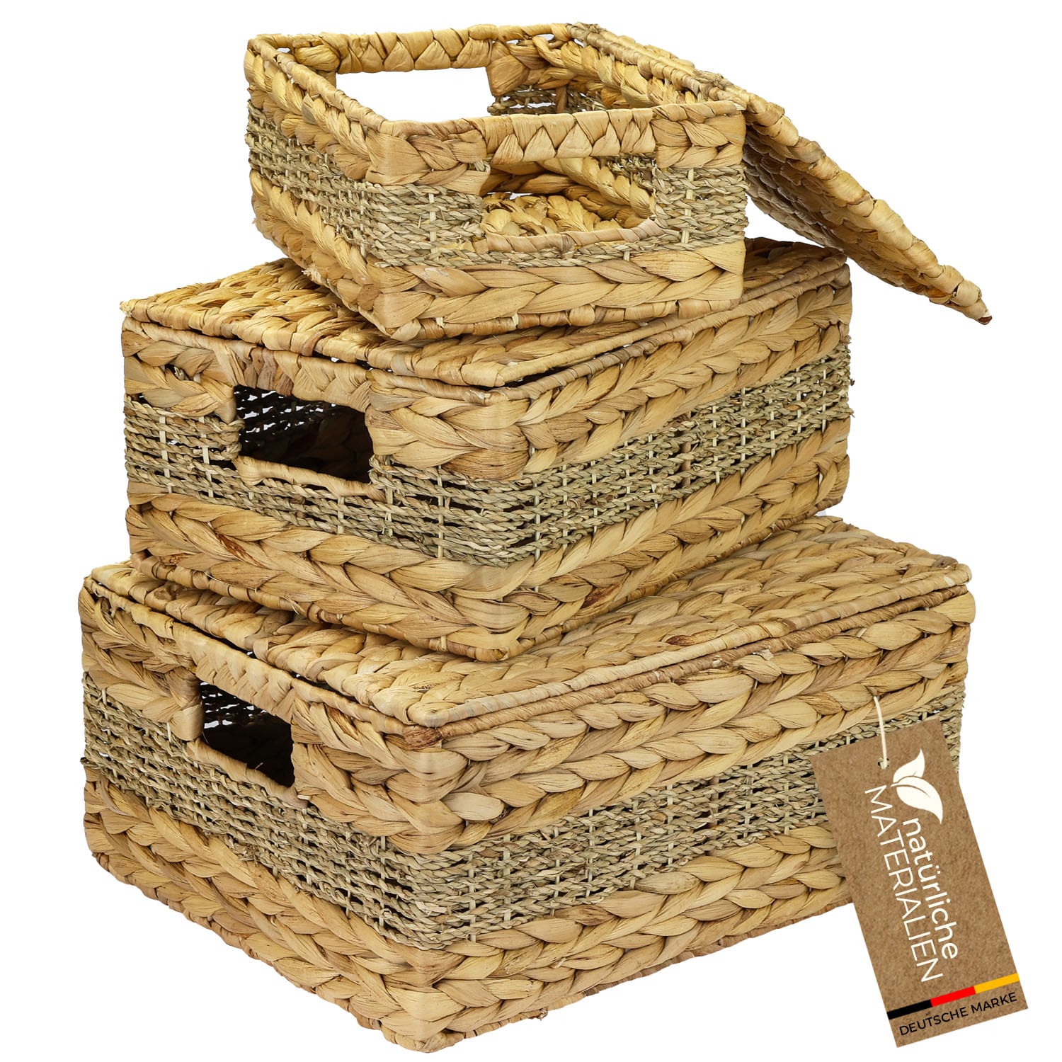 HMF Aufbewahrungskorb mit Deckel, 3er-Set, Korb geflochten aus Wasserhyazinthe und Seegras, Klein, Mittel, Gro&szlig; 