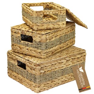 HMF Aufbewahrungskorb mit Deckel, 3er-Set, Korb geflochten aus Wasserhyazinthe und Seegras, Klein, Mittel, Groß 