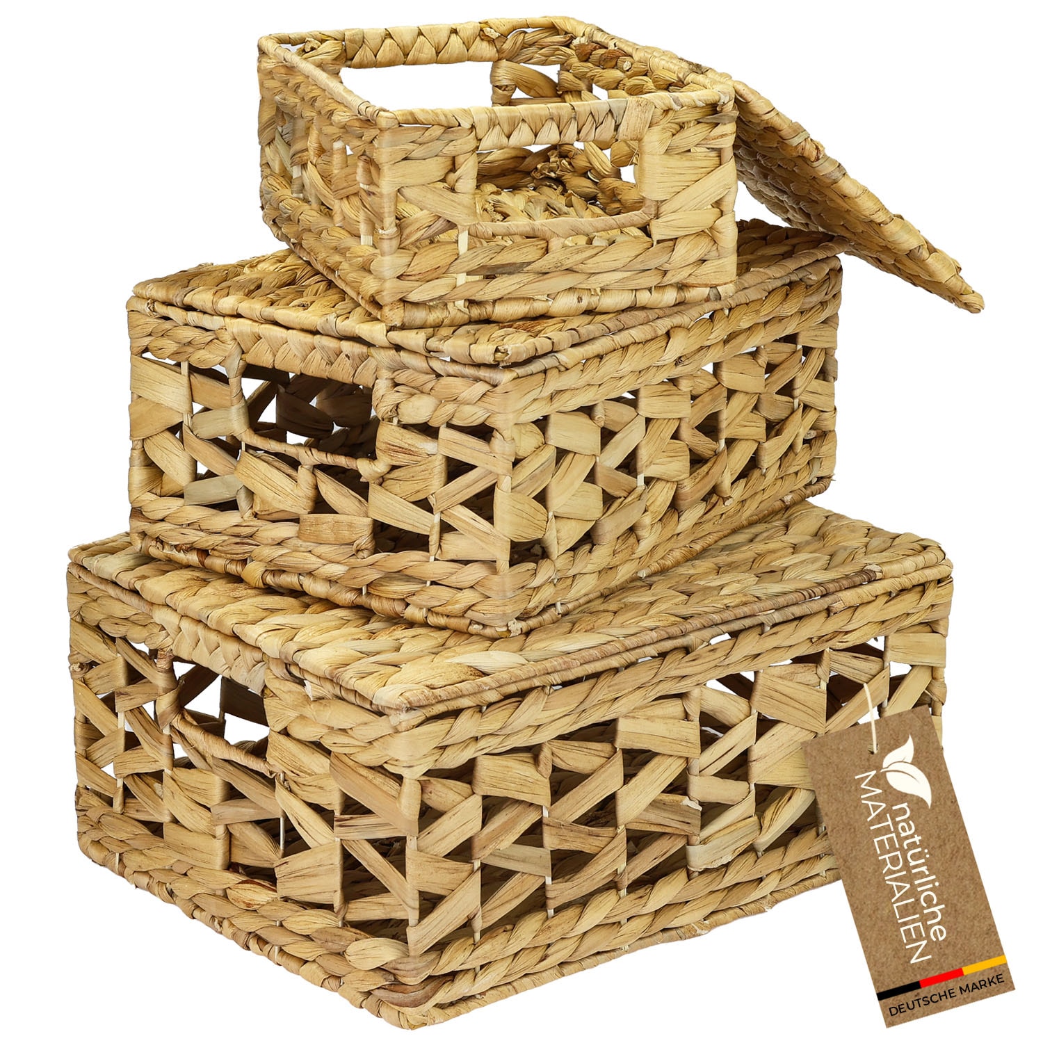 HMF Aufbewahrungskorb mit Deckel, 3er-Set, Korb geflochten aus Wasserhyazinthe, Klein, Mittel, Gro&szlig; 