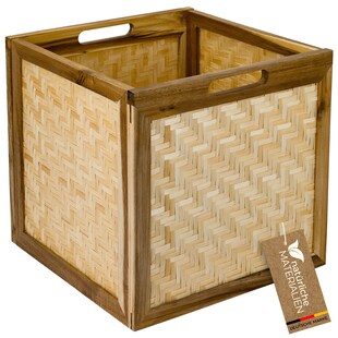 HMF Aufbewahrungskorb passend für Kallax Regale, Korb aus Rattan mit Wiener Geflecht und Akazienholz, Muster 1, 32 x 34 x 32 cm 