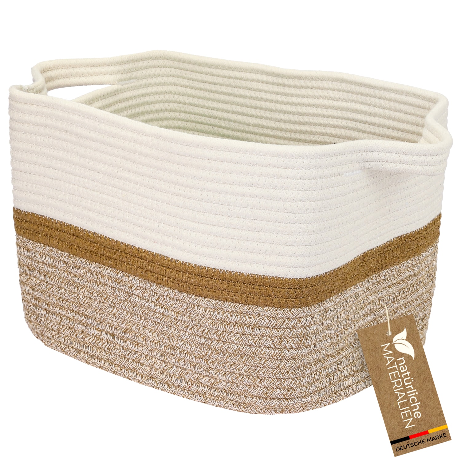 HMF Aufbewahrungskorb mit verl&auml;ngerten Griffen, Korb aus Baumwolle, 36 x 30 x 25 cm, Wei&szlig;-Braun 