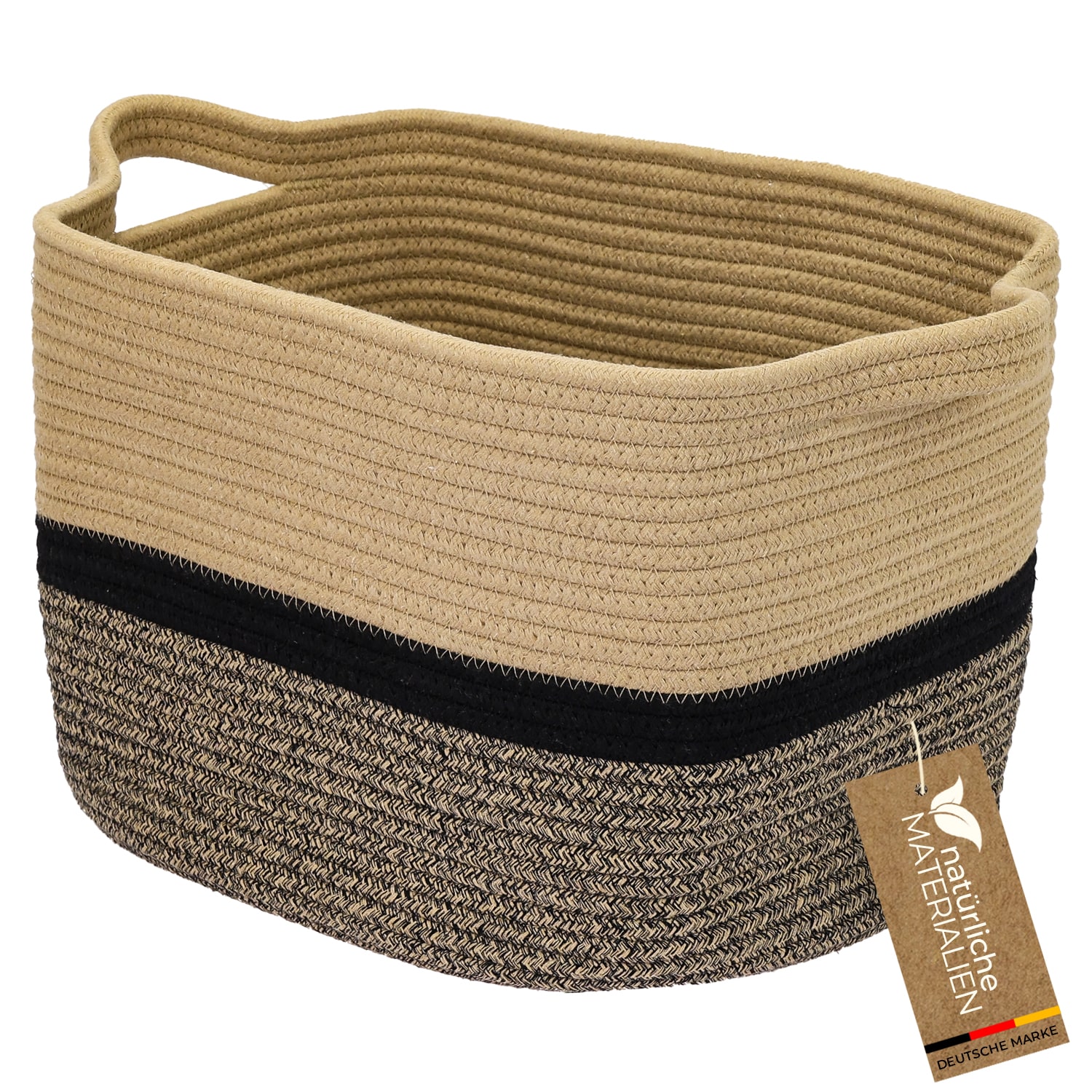 HMF Aufbewahrungskorb mit verl&auml;ngerten Griffen, Korb aus Baumwolle, 36 x 30 x 25 cm, Schwarz-Honig 