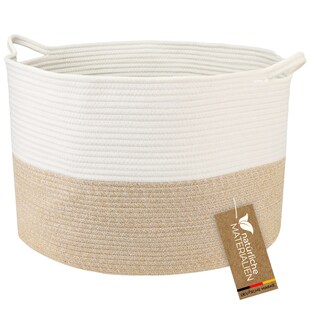HMF XXL Wäschekorb aus Baumwolle, runder Aufbewahrungskorb mit Griffen, 55 x 35 cm, Weiß-Braun 