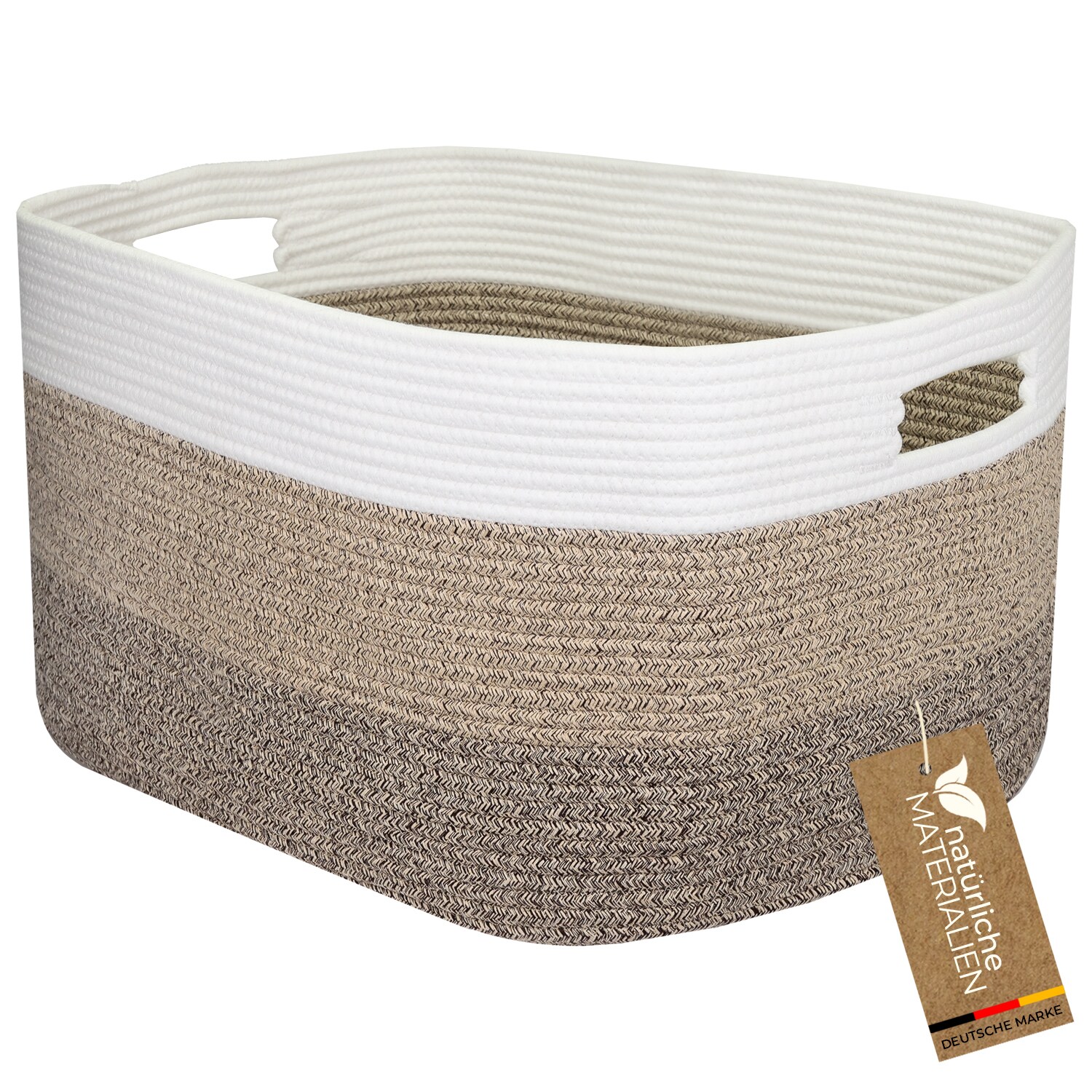 HMF XXL W&auml;schekorb aus Baumwolle, eckiger Aufbewahrungskorb mit Griffen, 55 x 43 x 30 cm, Wei&szlig;-Braun 