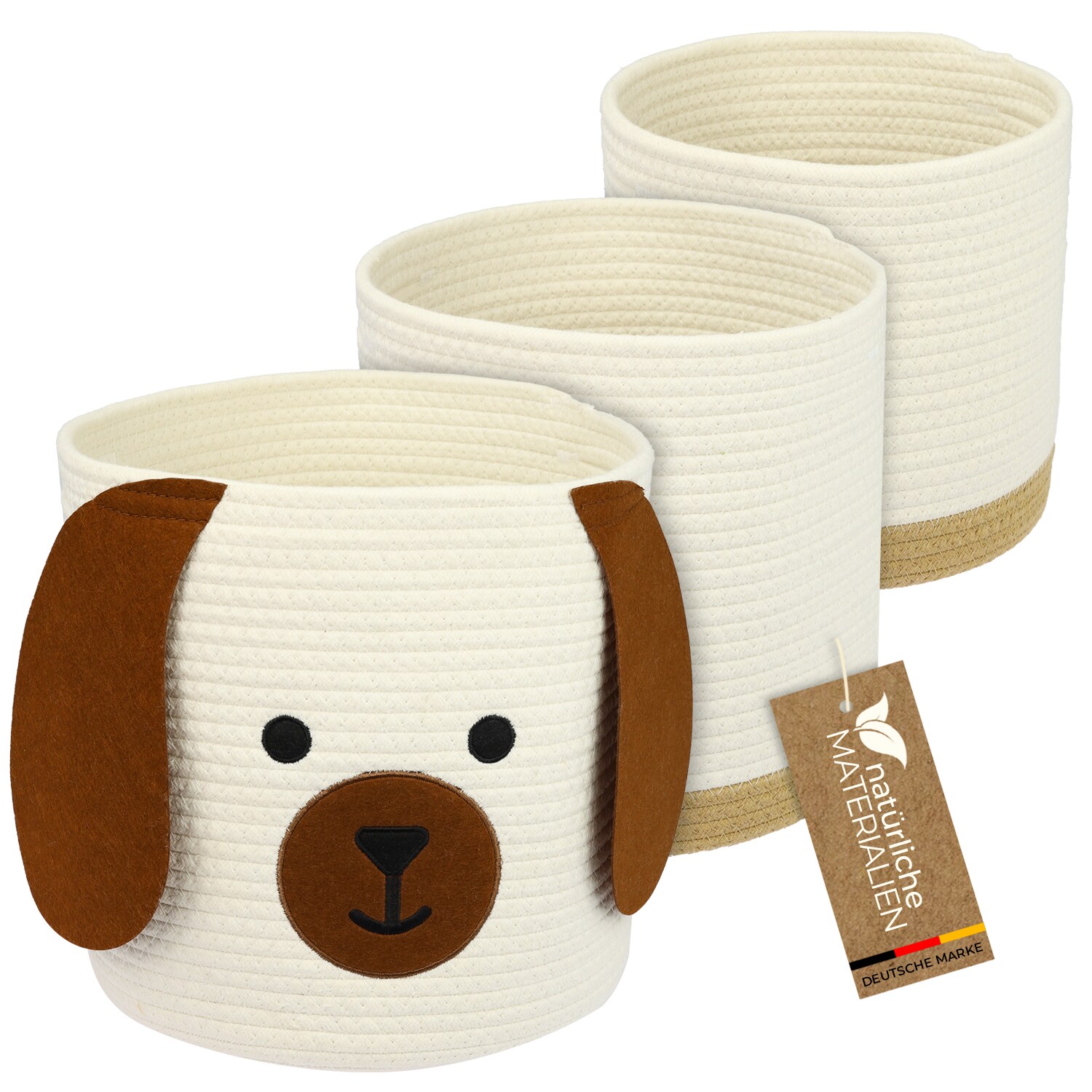 HMF Aufbewahrungskorb mit versteckten Griffen, 3er Set, Korb f&uuml;r Kinderzimmer aus Baumwolle, Hund, Gro&szlig;, Mittel, Klein 