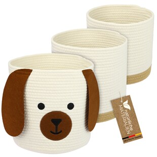 HMF Aufbewahrungskorb mit versteckten Griffen, 3er Set, Korb für Kinderzimmer aus Baumwolle, Hund, Groß, Mittel, Klein 