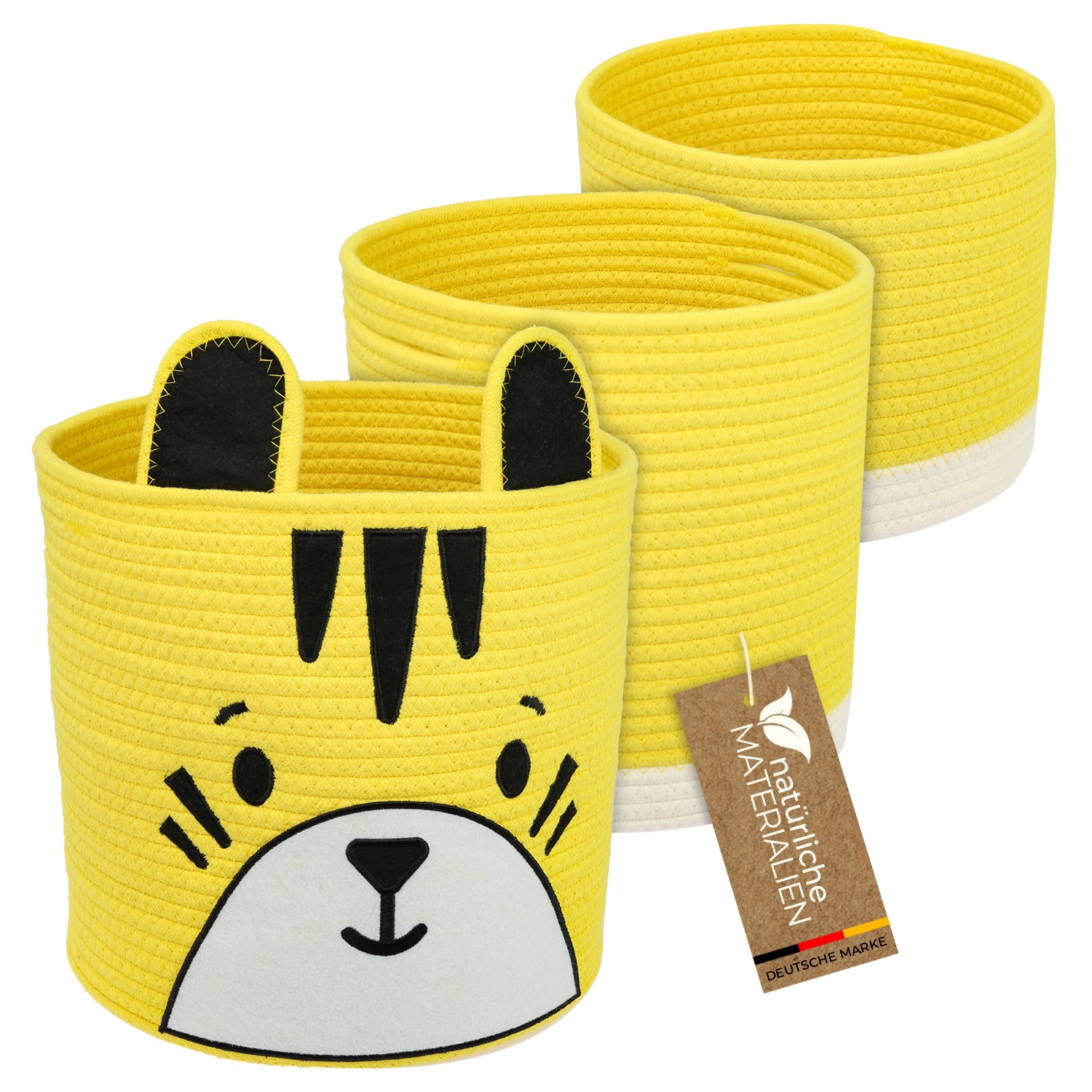 HMF Aufbewahrungskorb mit versteckten Griffen, 3er Set, Korb f&uuml;r Kinderzimmer aus Baumwolle, Tiger, Gro&szlig;, Mittel, Klein 