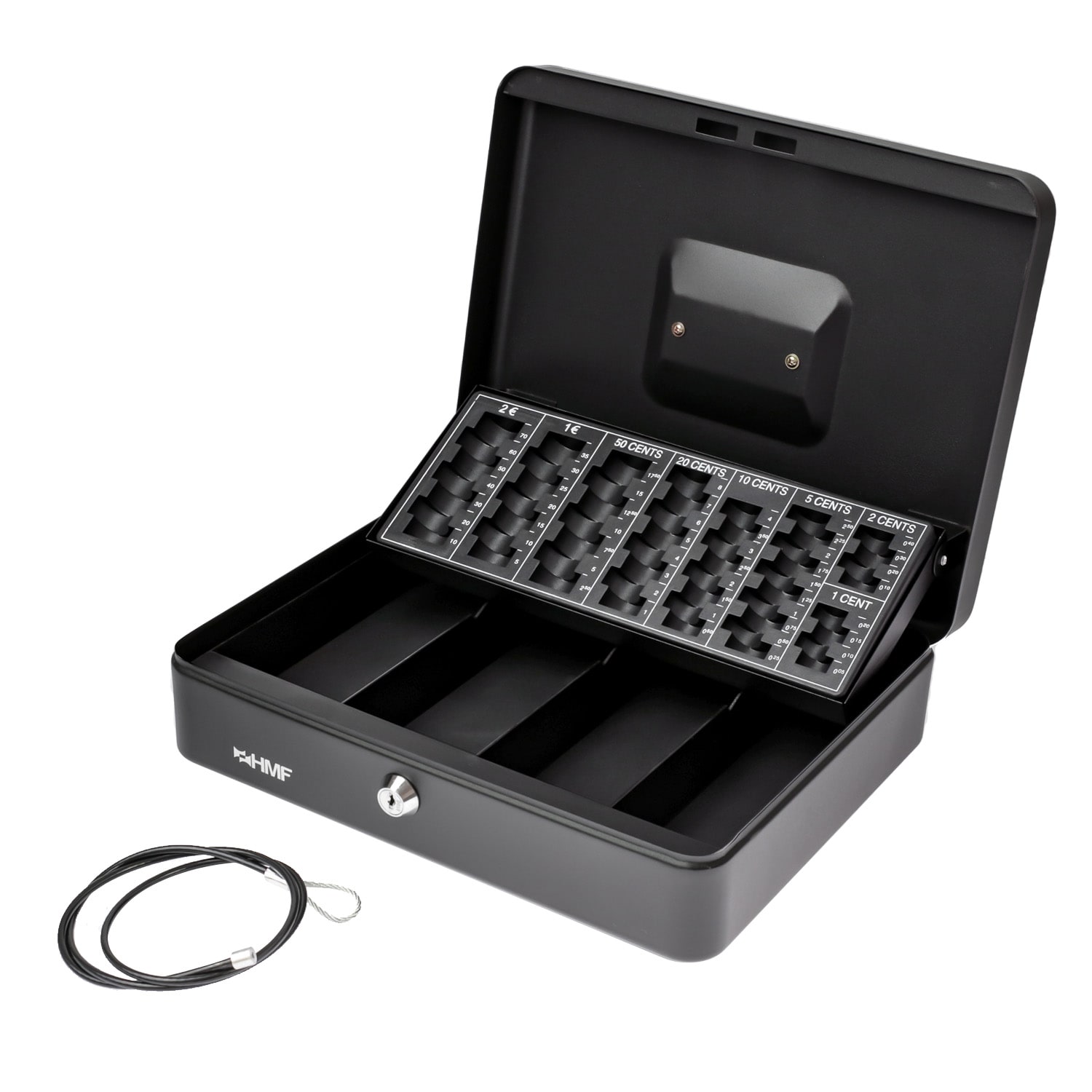 HMF Geldkassette mit M&uuml;nzz&auml;hlbrett und Sicherungskabel, 30,5 x 24 x 8,5 cm, Schwarz 