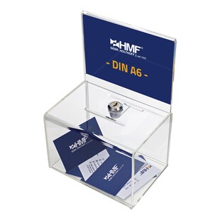HMF 46912 Acryl Spendenbox abschließbar, 15,5 x 11 x 11 cm, DIN A6 Blatteinschub, Transparent 