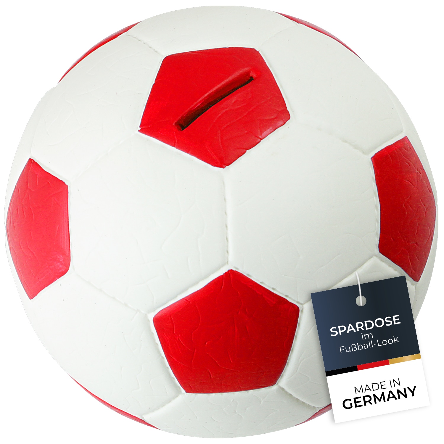 HMF 4790-03 Spardose Fu&szlig;ball Lederoptik 15 cm Durchmesser, Rot Wei&szlig; 