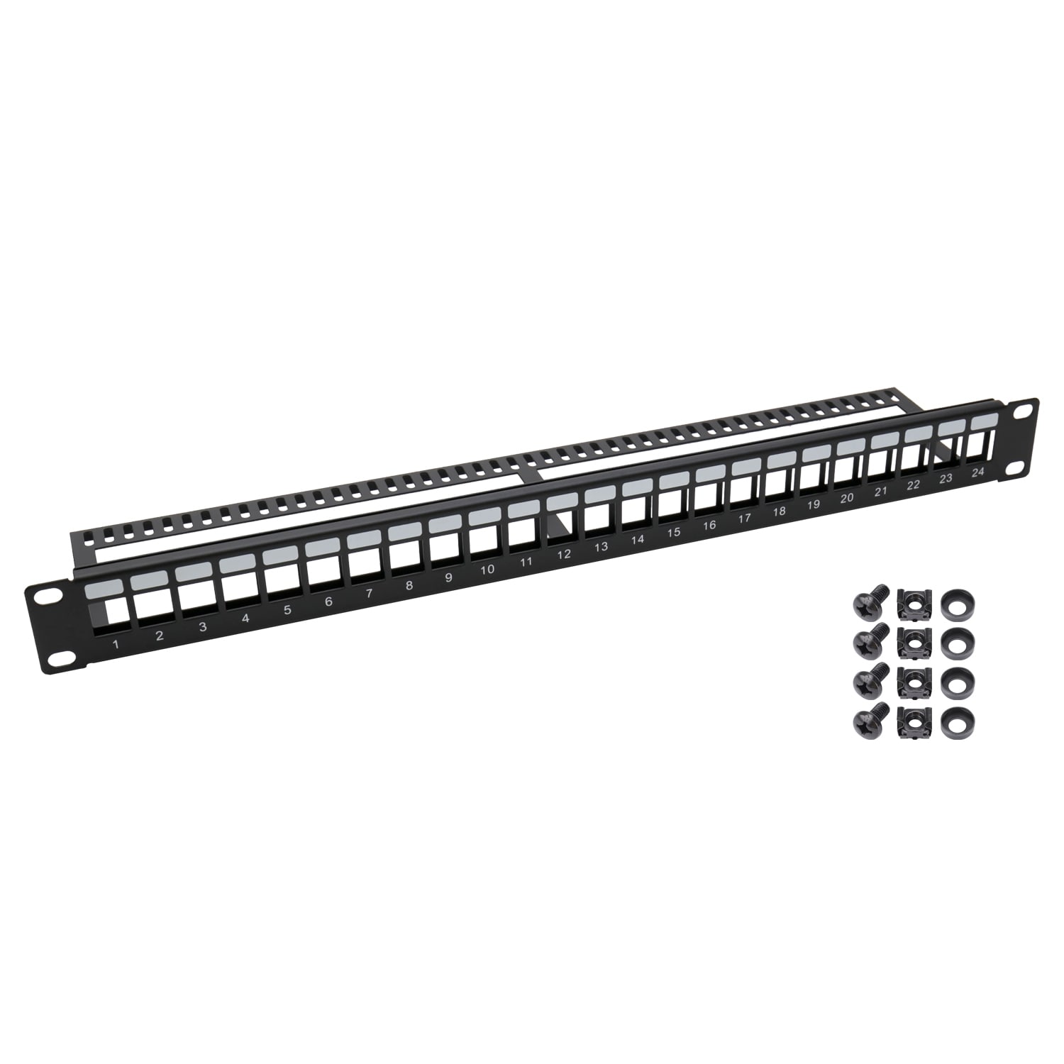 HMF 66445-02 UTP Keystone-Patchpanel f&uuml;r Serverschrank, 19 Zoll, 1 HE, 24 Ports RJ45, Schwarz 
