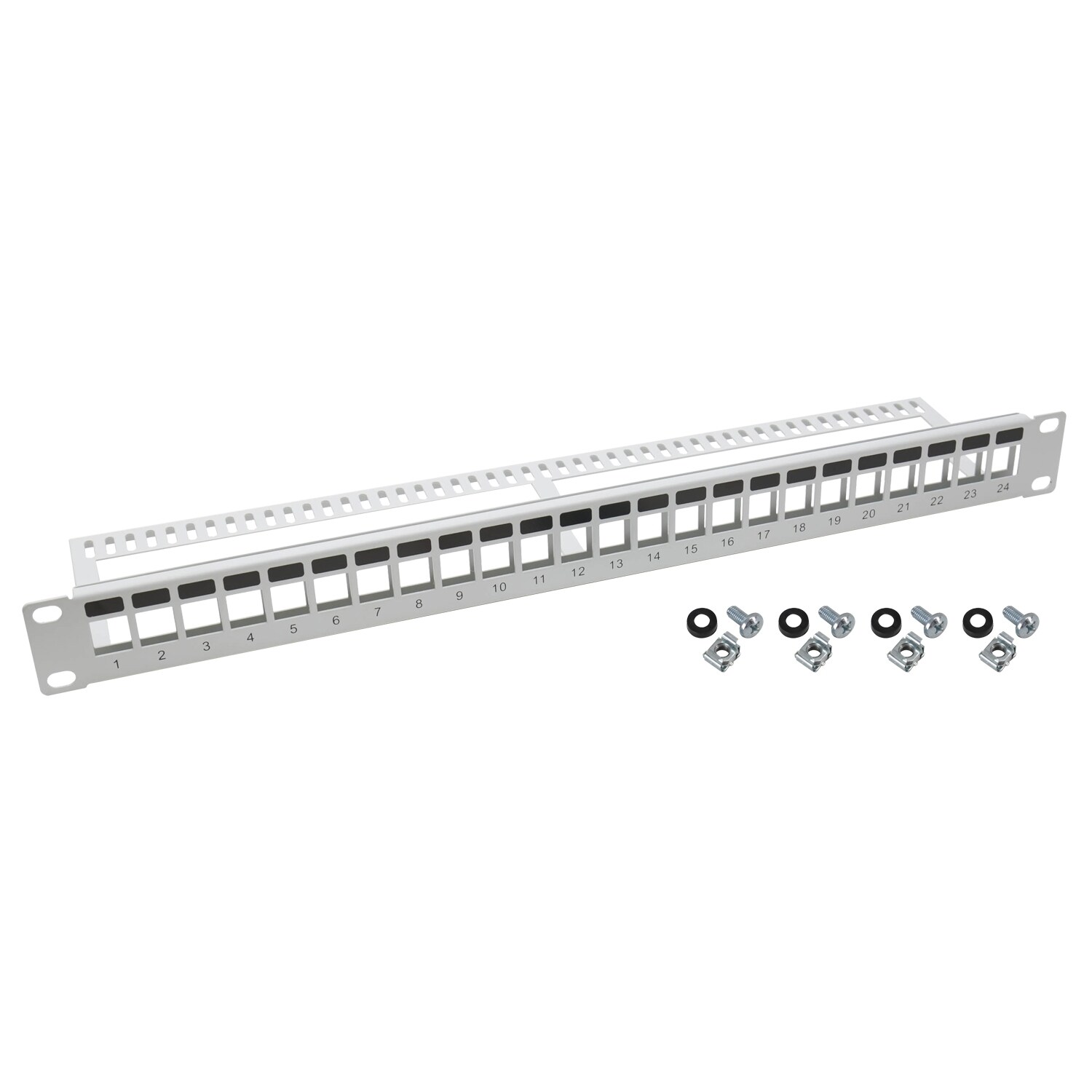 HMF 66445-07 UTP Keystone-Patchpanel f&uuml;r Serverschrank, 19 Zoll, 1 HE, 24 Ports RJ45, Lichtgrau 