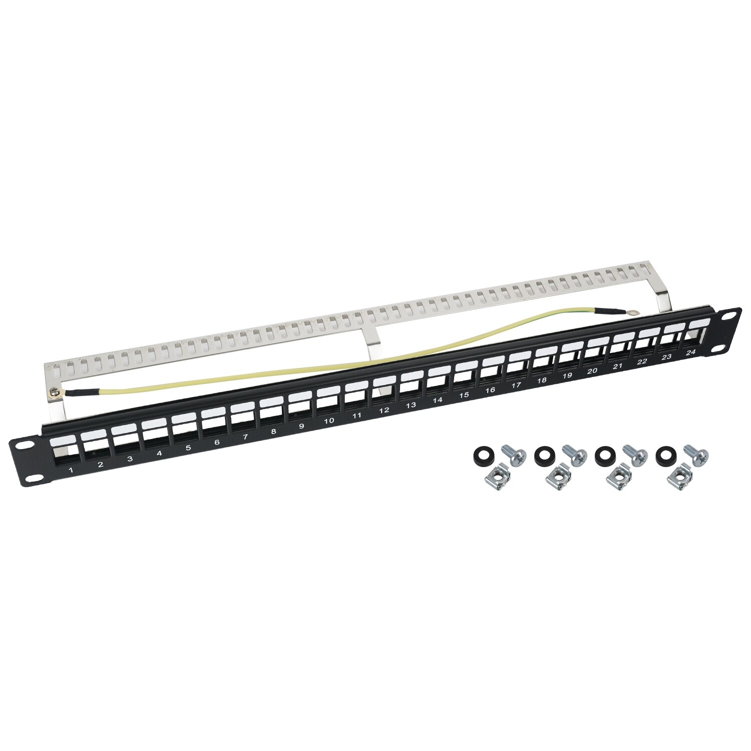 HMF 66446-02 STP Keystone-Patchpanel f&uuml;r Serverschrank, 19 Zoll, 1 HE, 24 Ports RJ45 Geschirmt, Schwarz 