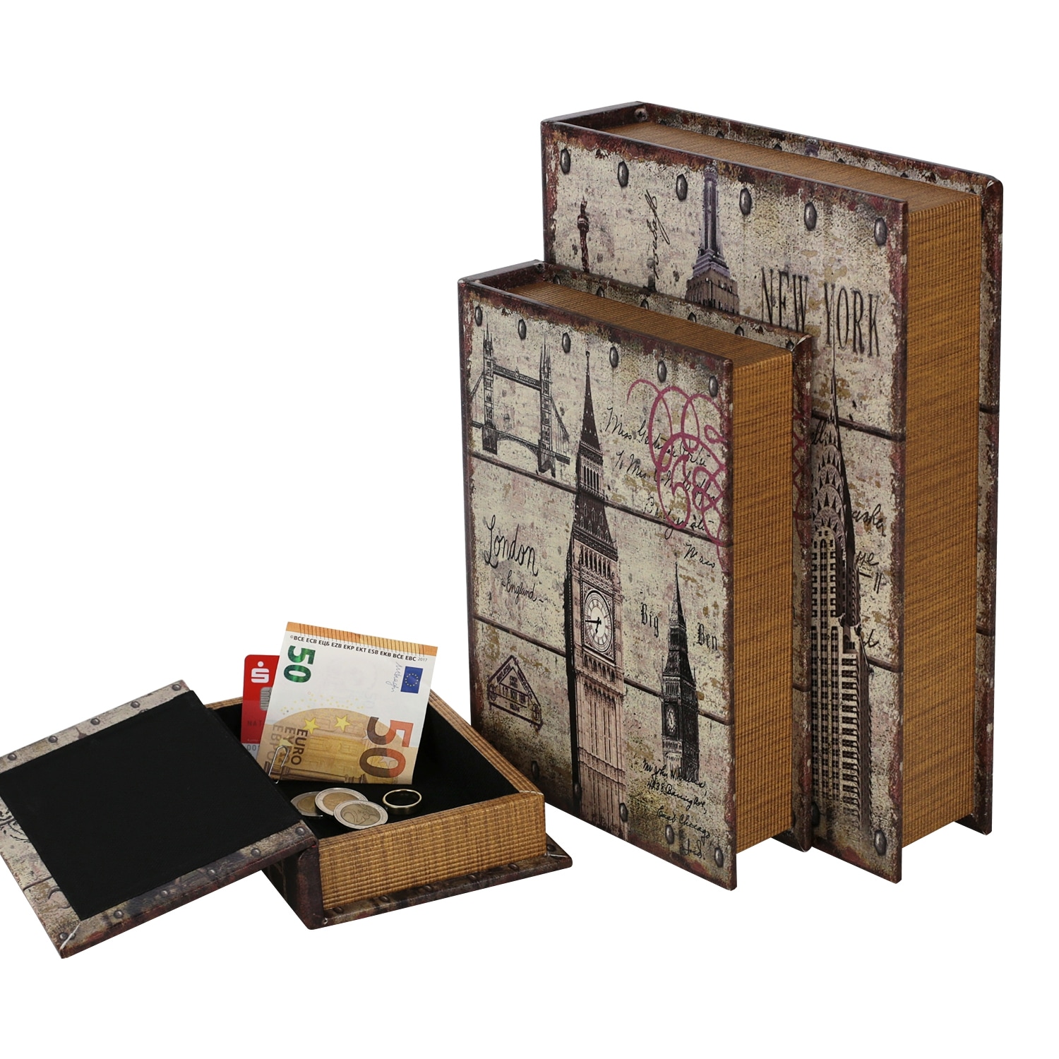 HMF Buchtresor im Antik-Look, 3er Set, 32,5 x 23,5 x 7,5 cm, St&auml;dte 