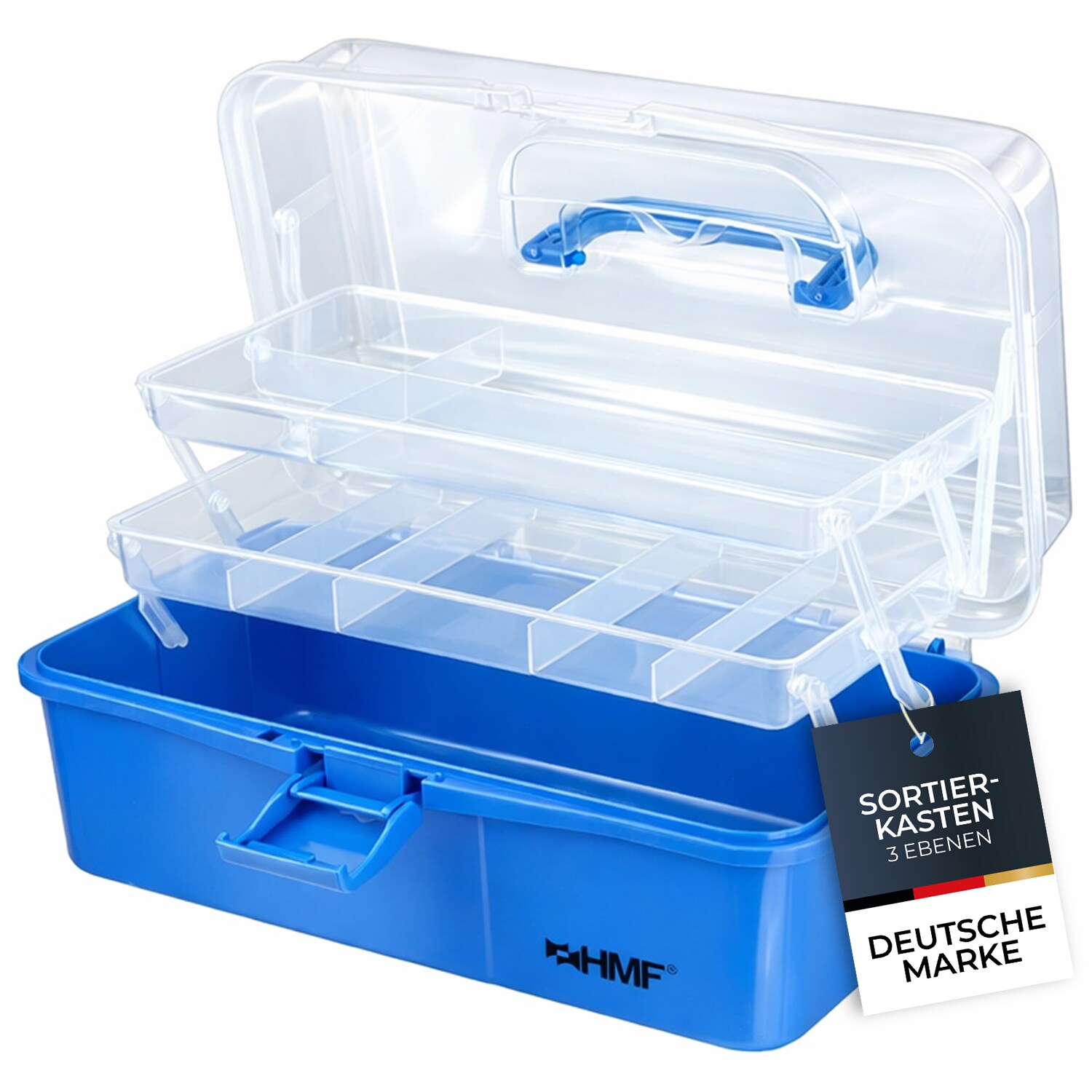 HMF N&auml;hkasten mit 3 Ebenen, Sortierbox, 36,5 x 20,5 x 16 cm, Blau 