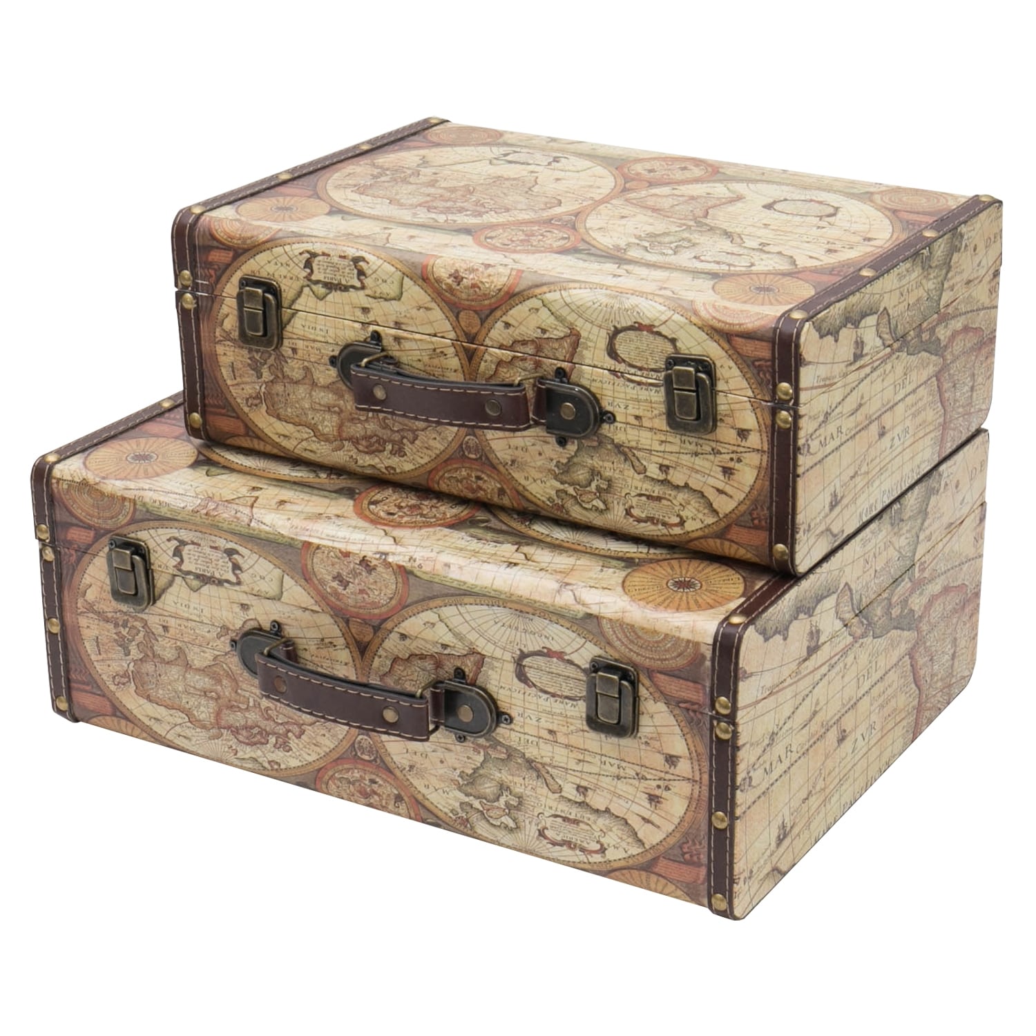 HMF VKO104 Vintage Koffer aus Holz, 2er Set, Versch. Gr&ouml;&szlig;en, Deko Weltkarte Farbe 