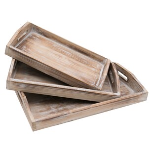 HMF VTA101-S3 Deko Tablett aus Holz im Vintage Design, 3er Set, Versch. Größen, Shabby Chic, Klassik 