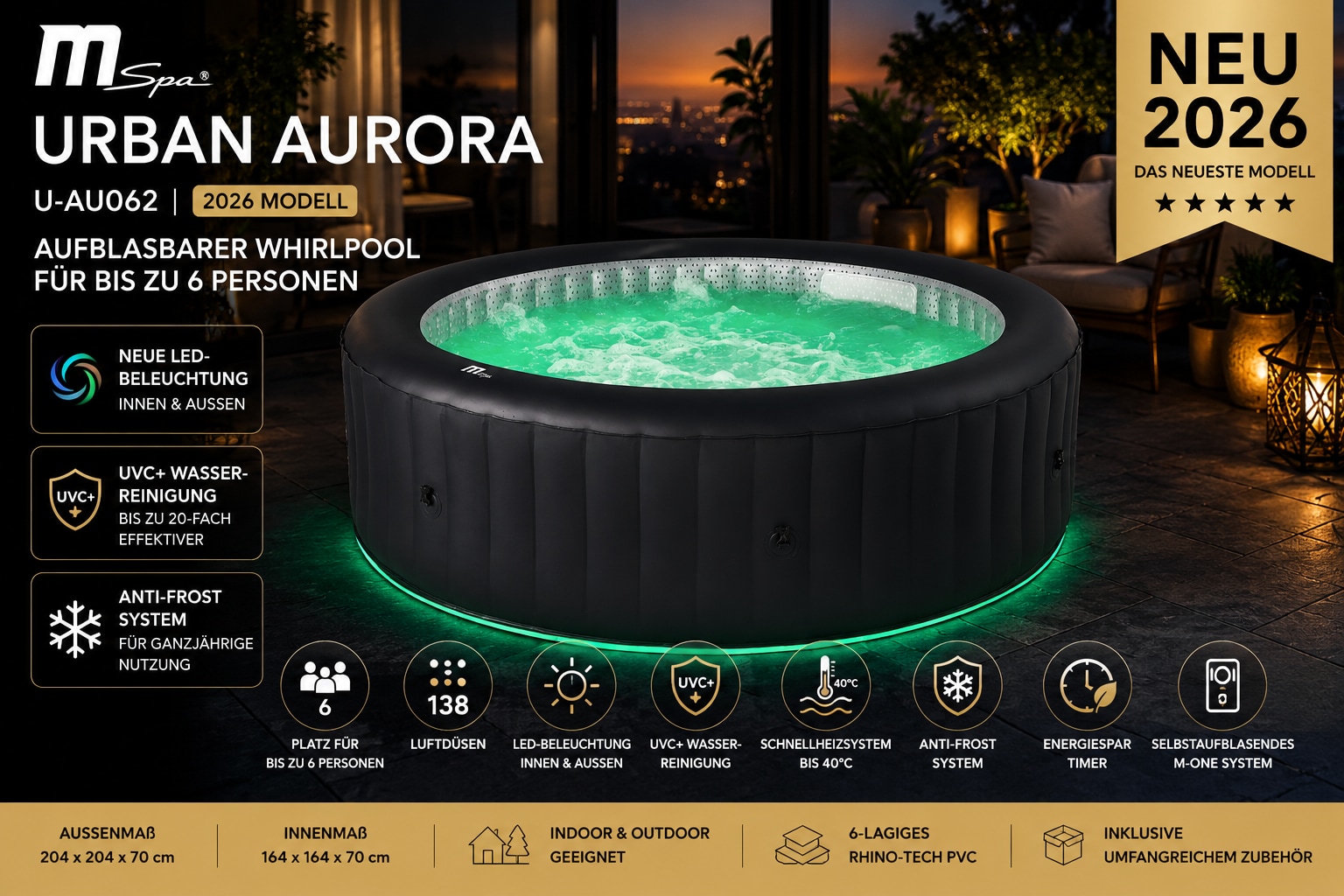 MSpa Whirlpool Urban AURORA 2026 - U-AU062 - Outdoor Indoor Pool aufblasbar XXL 6 Personen 