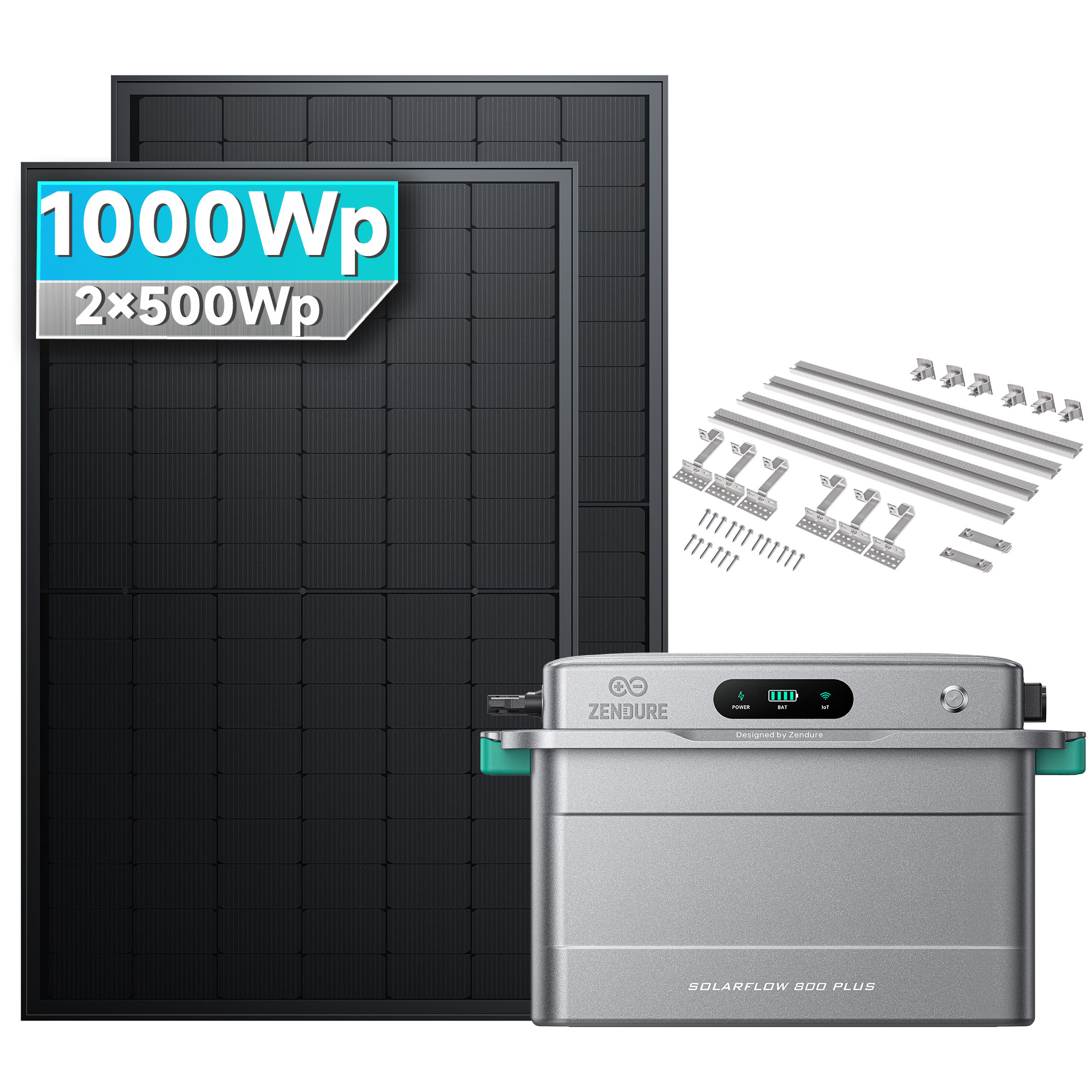Solarmars&reg; 1000W Balkonkraftwerk mit Speicher, Zendure SolarFlow 800 Plus - Mit Ziegeldachhalterung 