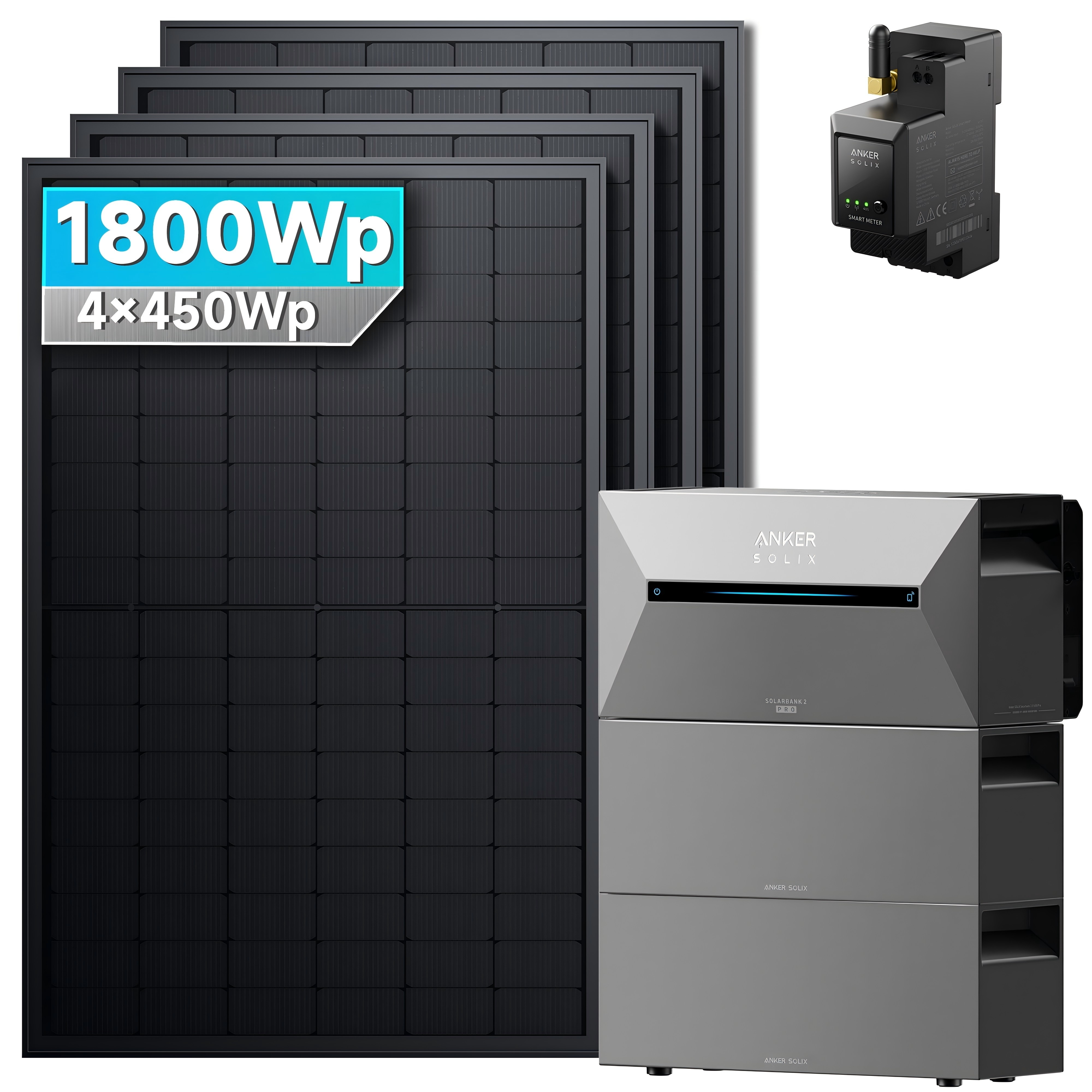 Solarmars&reg; 1800W Balkonkraftwerk mit Speicher, Anker SOLIX Solarbank 2 E1600 pro + 2x BP1600 - Ohne Halterung 
