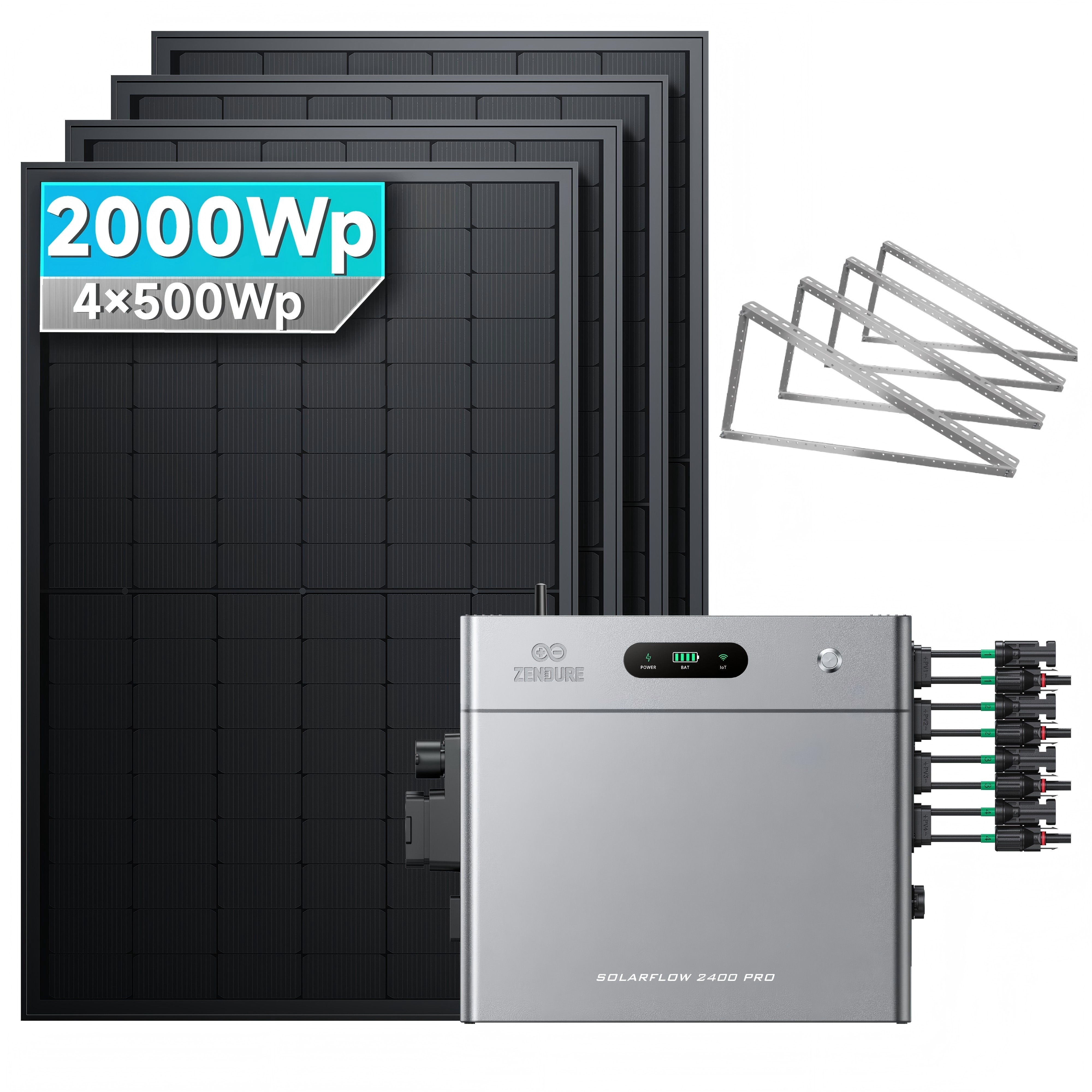 Solarmars&reg; 2000W Balkonkraftwerk mit Speicher,Zendure SolarFlow 2400 pro, 2,4kWh,4 MPPT - Mit Flachdachhalterung 