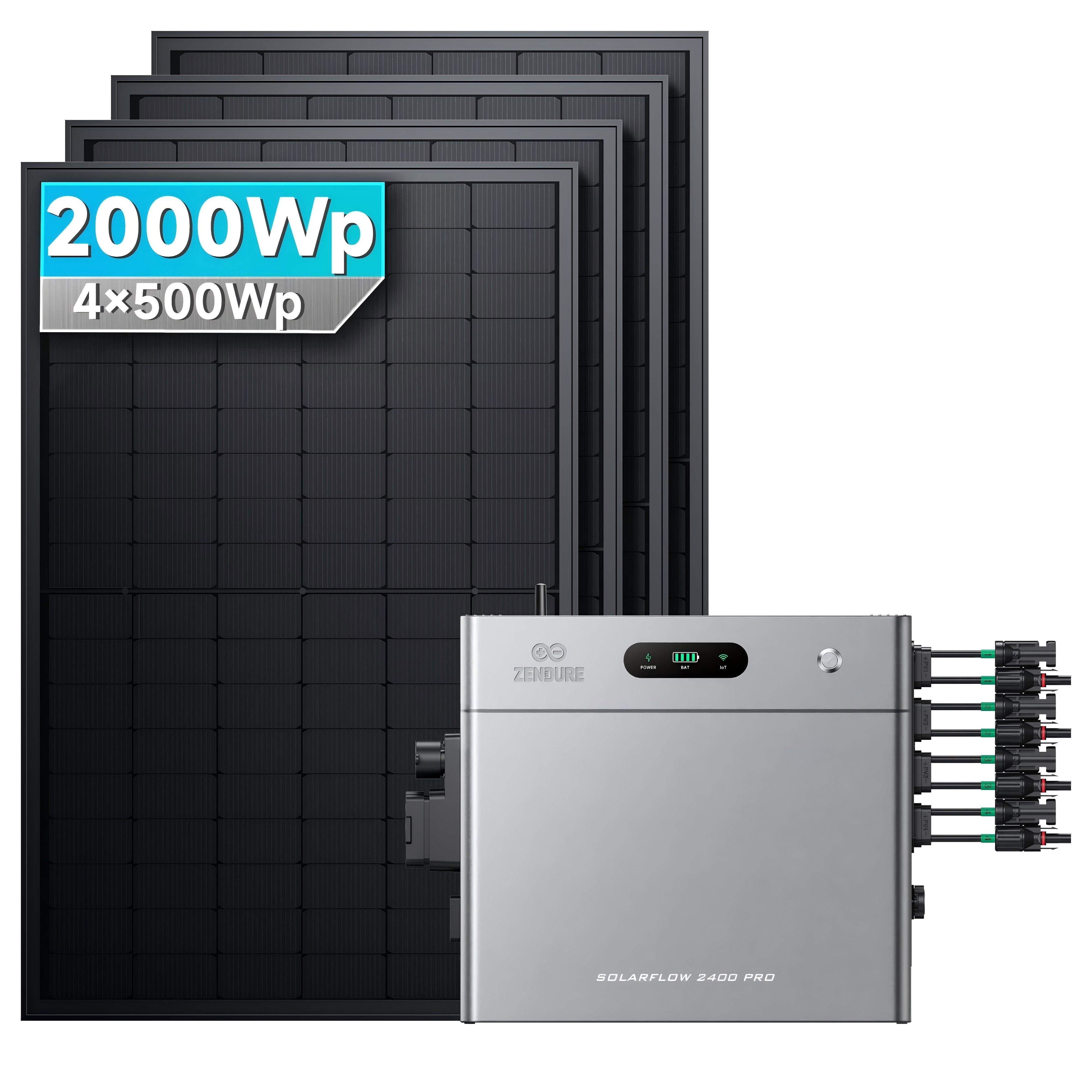Solarmars&reg; 2000W Balkonkraftwerk mit Speicher,Zendure SolarFlow 2400 pro, 2,4kWh,4 MPPT - Ohne Halterung 