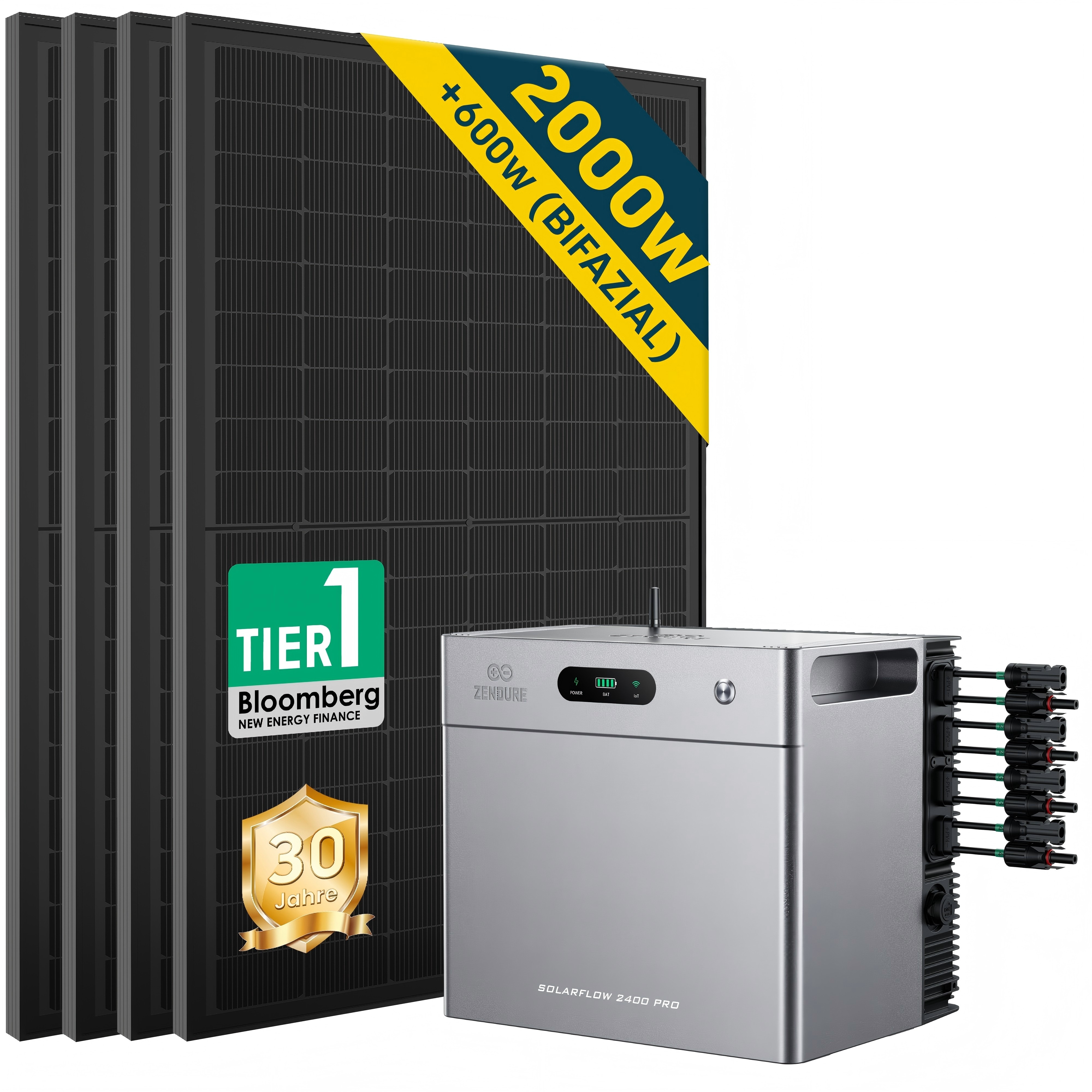 Solarmars&reg; 2000W Balkonkraftwerk mit Speicher,Zendure SolarFlow 2400 pro, 2,4kWh,4 MPPT - Ohne Halterung 