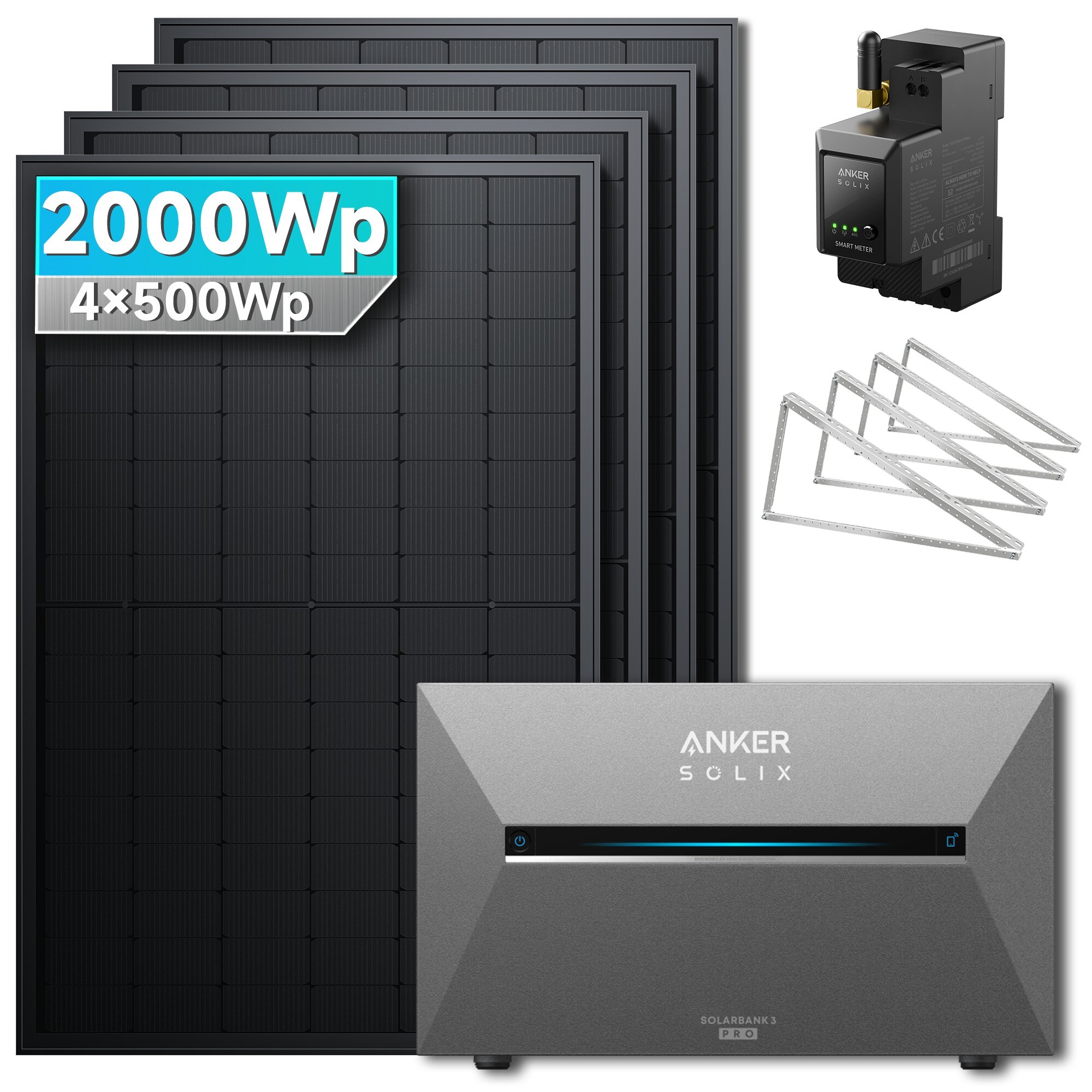 Solarmars&reg; 2000W Balkonkraftwerk mit Speicher, Anker SOLIX Solarbank 3 E2700 Pro - Mit Flachdachhalterung 
