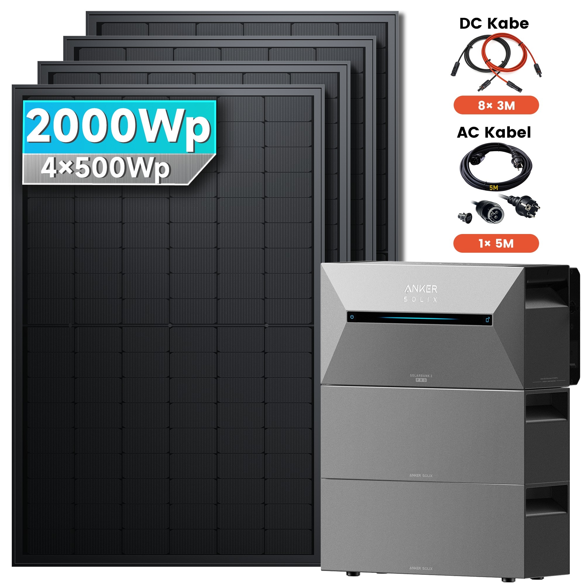 Solarmars&reg; 2000W Balkonkraftwerk mit Speicher, Anker SOLIX Solarbank 2 E1600 Pro +2x BP2700 - Ohne Halterung 