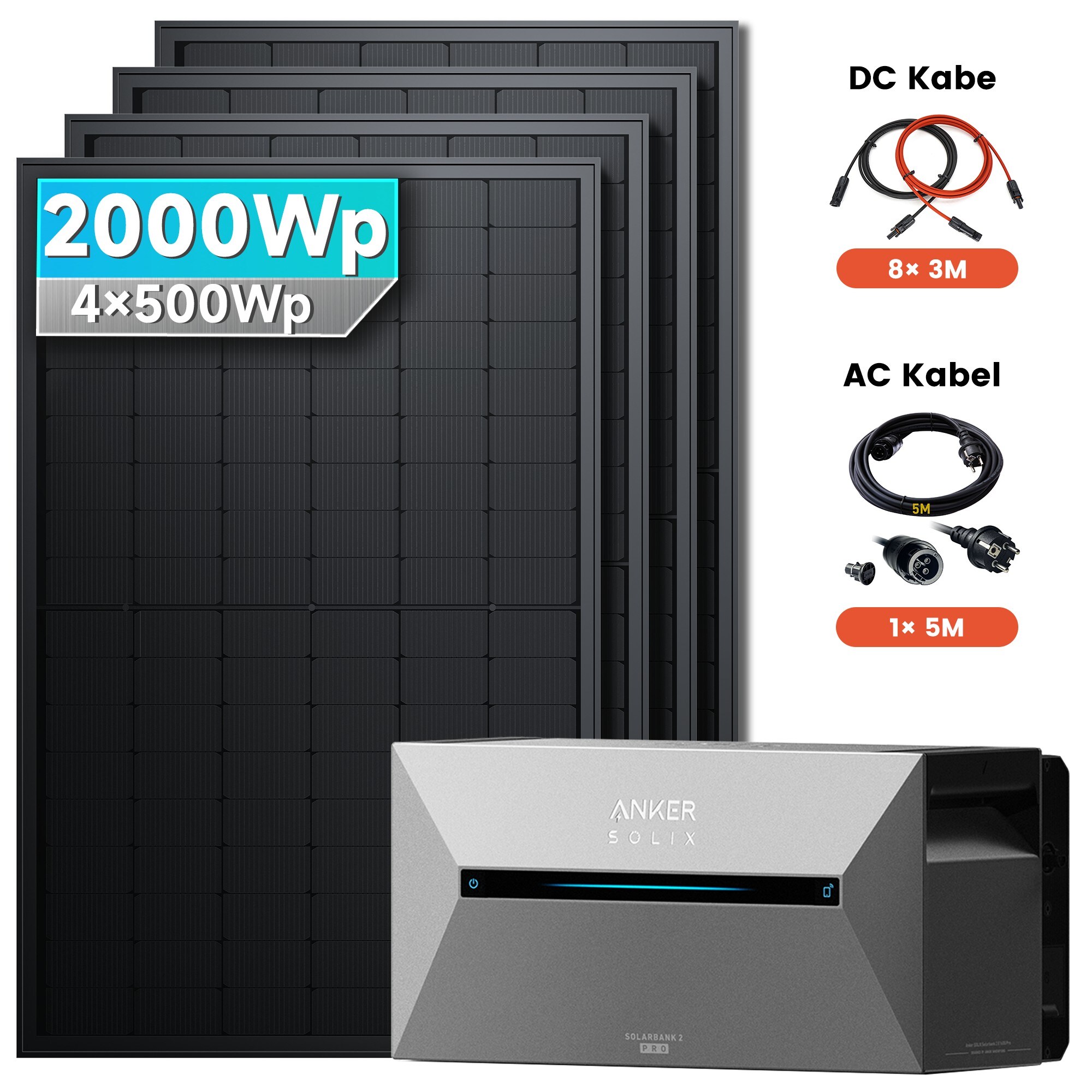 Solarmars&reg; Balkonkraftwerk 2000W Komplettset mit Speicher &ndash; Anker SOLIX Solarbank 2 E1600 Pro (1600Wh), 8&times;3m DC Kabel, ohne Halterung 