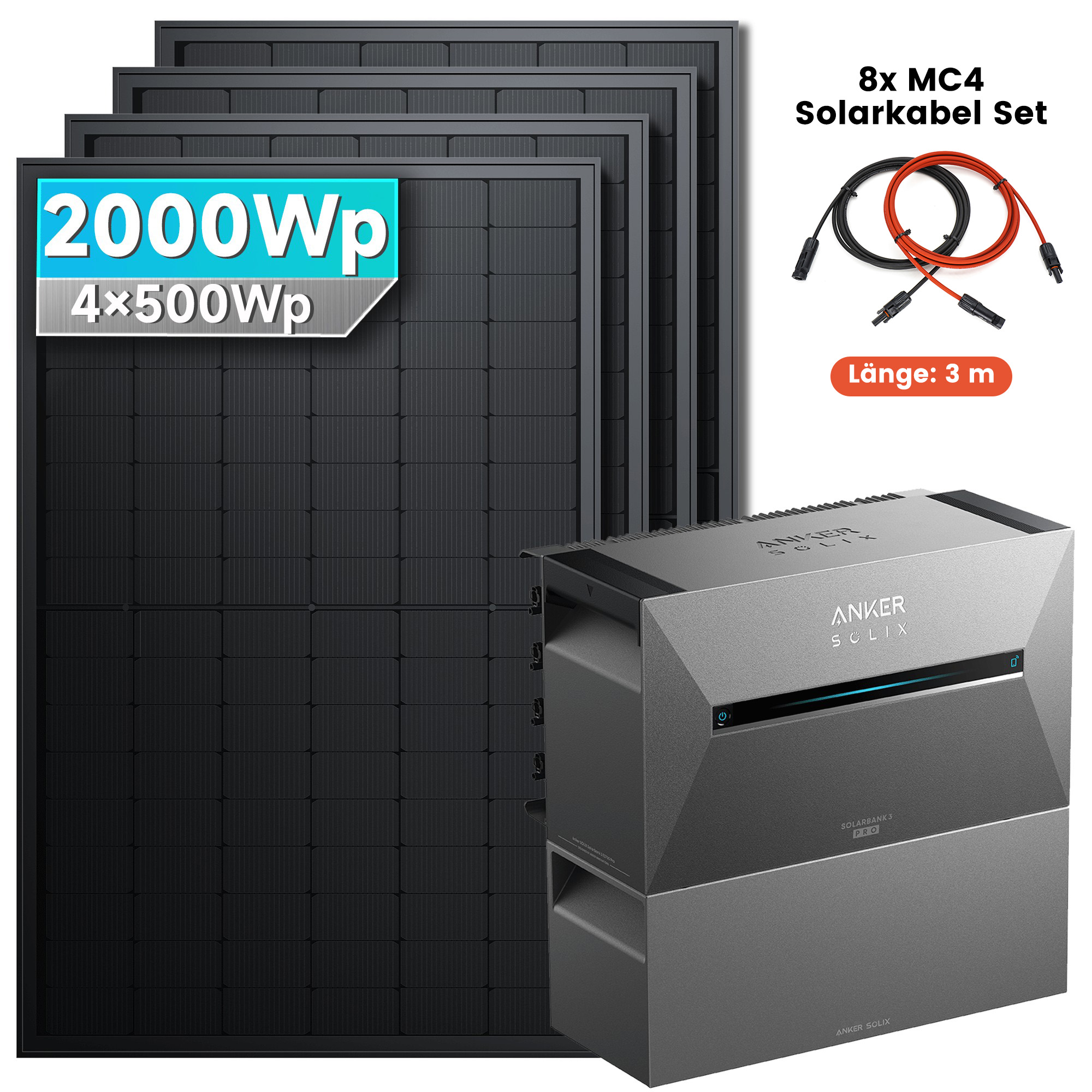 Solarmars&reg; 2000W Balkonkraftwerk mit Speicher, Anker SOLIX Solarbank 3 E2700 Pro + 1x BP2700 - Ohne Halterung 