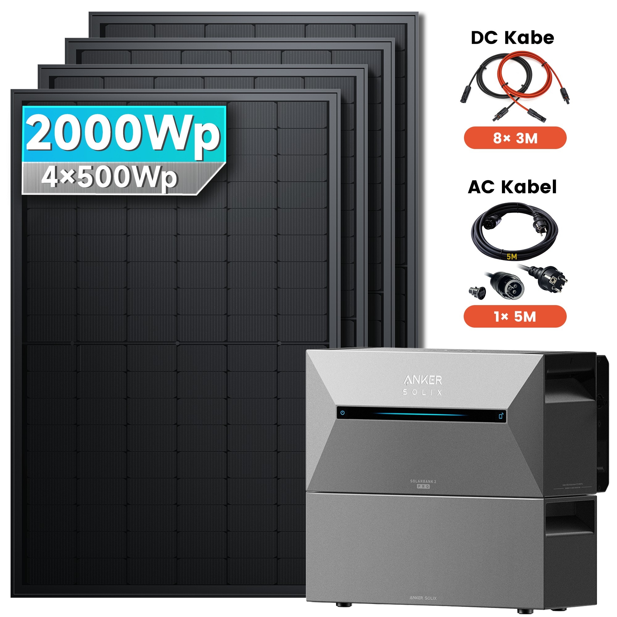 Solarmars&reg; Balkonkraftwerk 2000W Komplettset mit Speicher,Anker SOLIX Solarbank 2 E1600 Pro (1600Wh)+1xBP1600,8&times;3m DC Kabel, ohne Halterung 