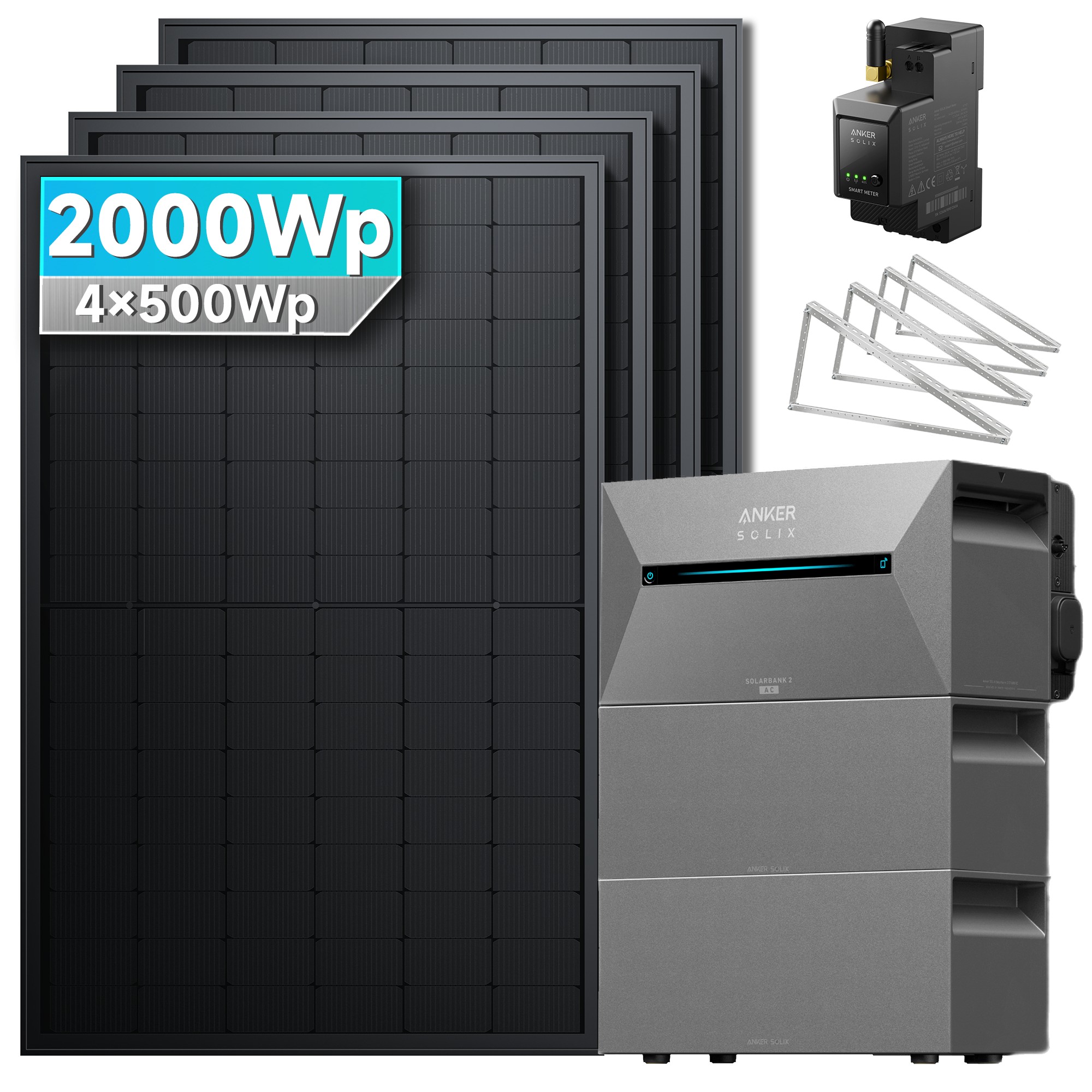 Solarmars&reg; 2000W Balkonkraftwerk mit Speicher, Anker SOLIX Solarbank 2 E1600 Pro + 2x BP2700 - Mit Flachdachhalterung 