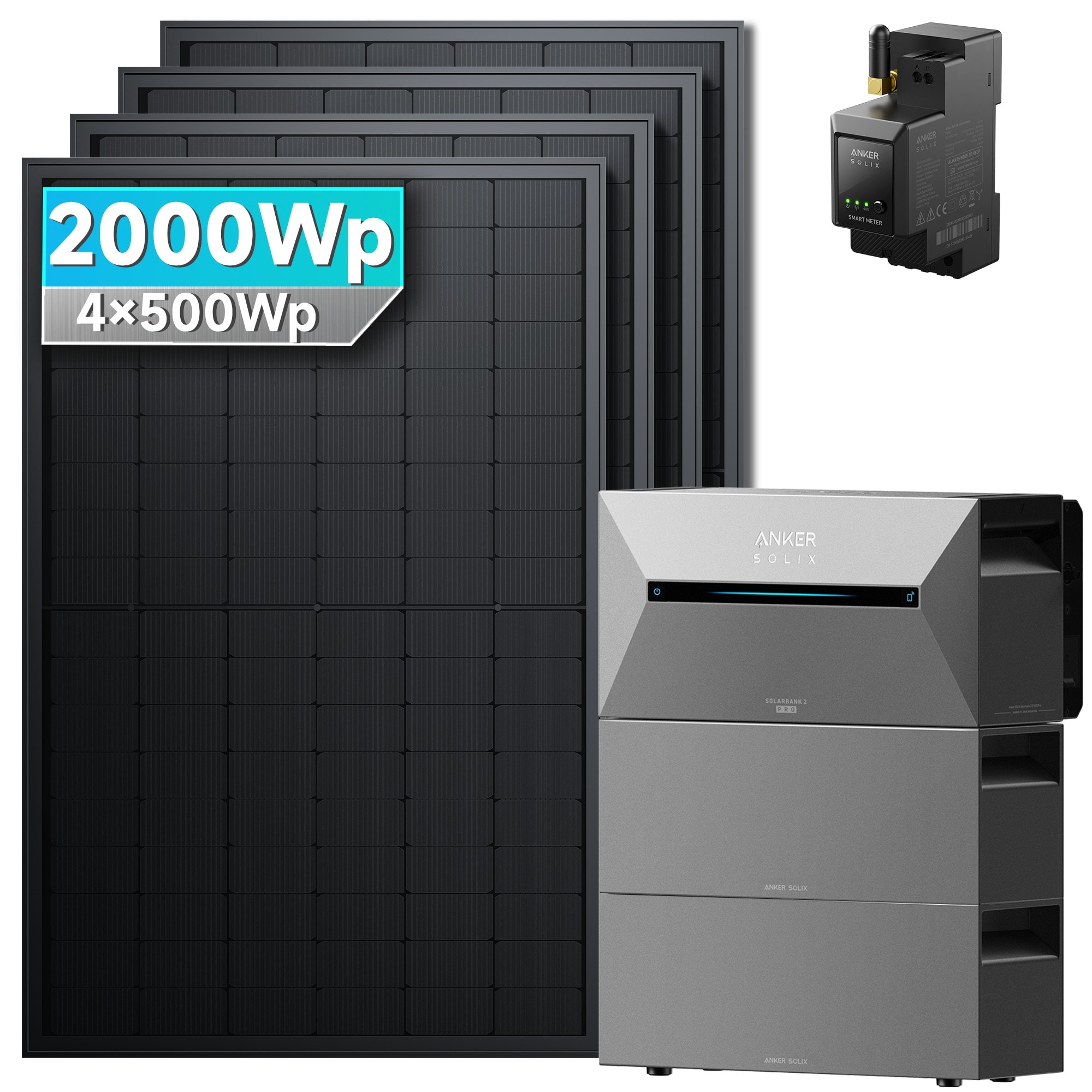 Solarmars&reg; 2000W Balkonkraftwerk mit Speicher, Anker SOLIX Solarbank 2 E1600 Pro +2x BP2700 - Ohne Halterung 