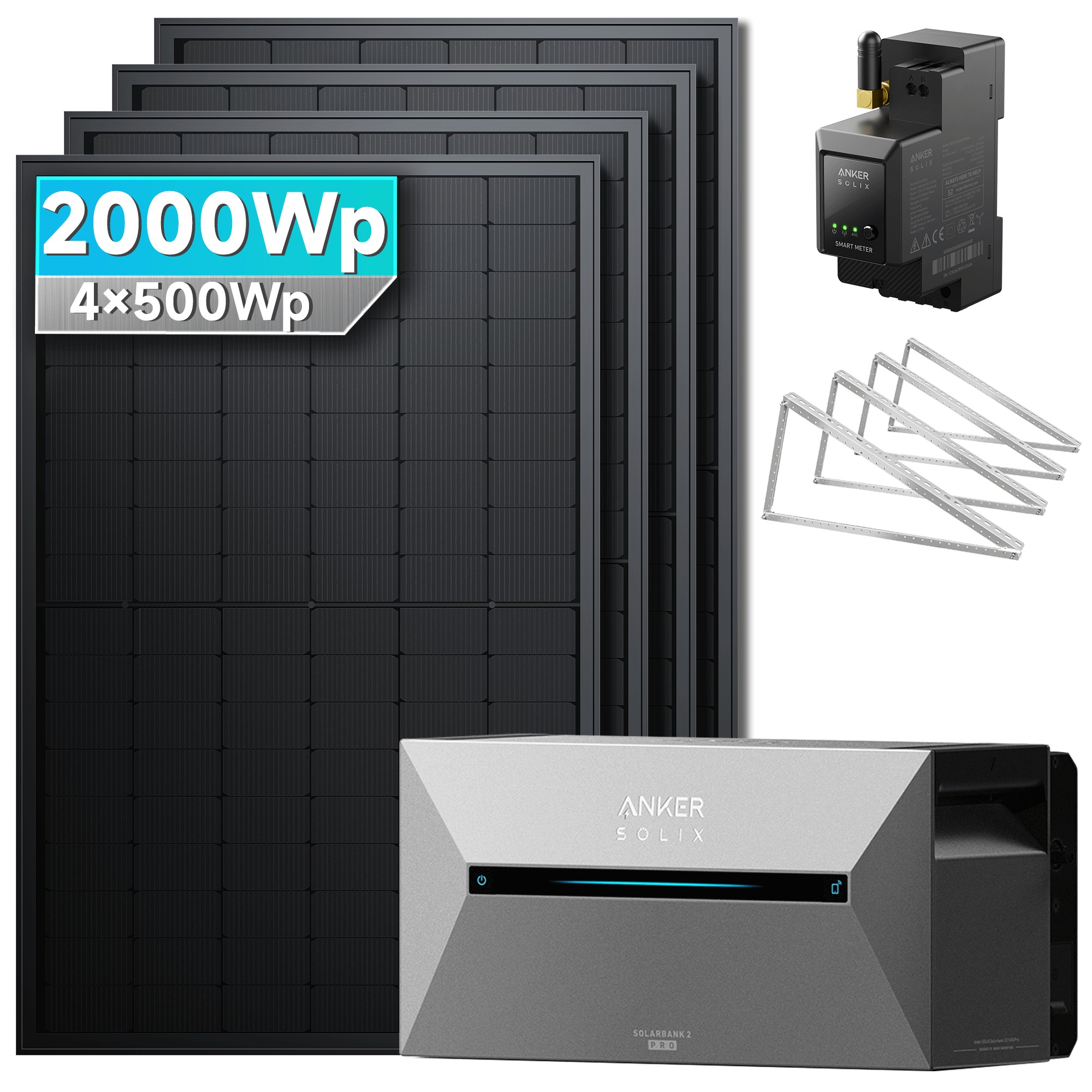 Solarmars&reg; 2000W Balkonkraftwerk mit Speicher, Anker SOLIX Solarbank 2 E1600 pro - Mit Flachdachhalterung 