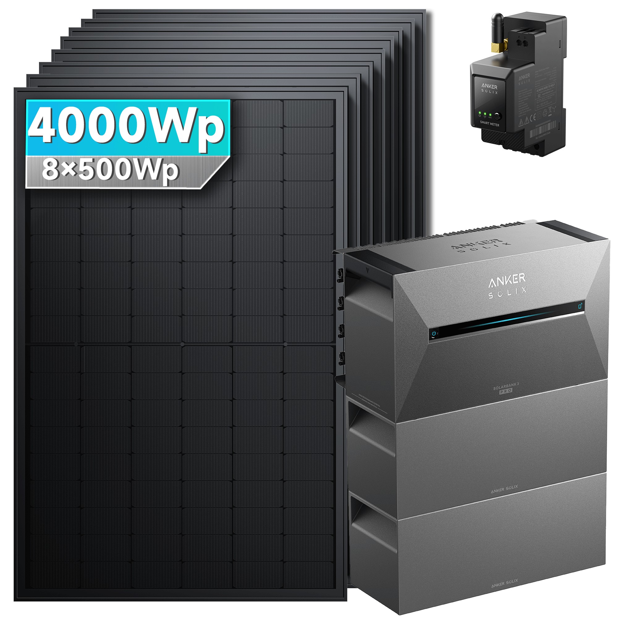 Solarmars&reg; 4000W Balkonkraftwerk mit Speicher, Anker SOLIX Solarbank 3 E2700 Pro + 2x BP2700 - Ohne Halterung 