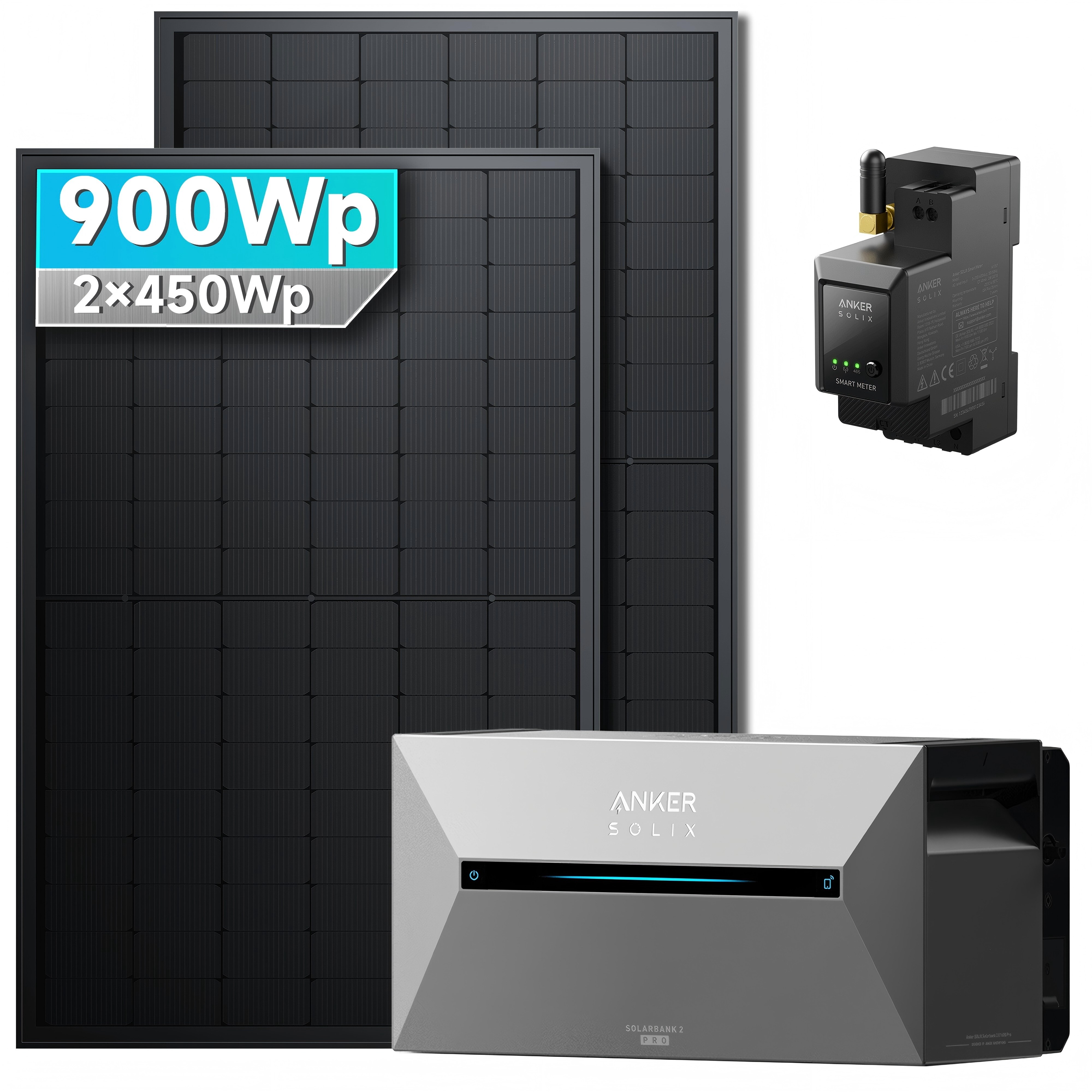 Solarmars&reg; 900W Balkonkraftwerk mit Speicher, Anker SOLIX Solarbank 2 E1600 pro - Ohne Halterung 