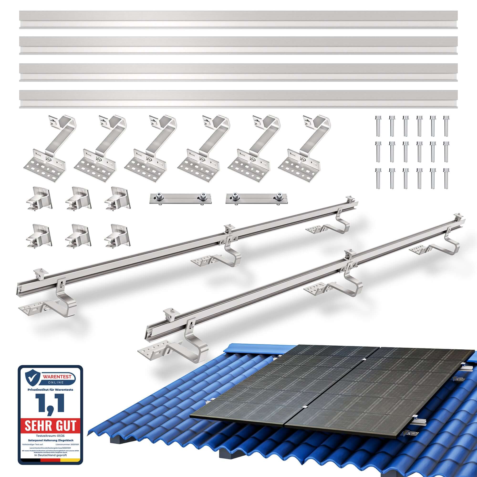 Balkonkraftwerk Halterung Ziegeldach,Solarmodul Halterung Komplettset mit Dachhaken f&uuml;r 4 PV-Module (28-46 mm) 