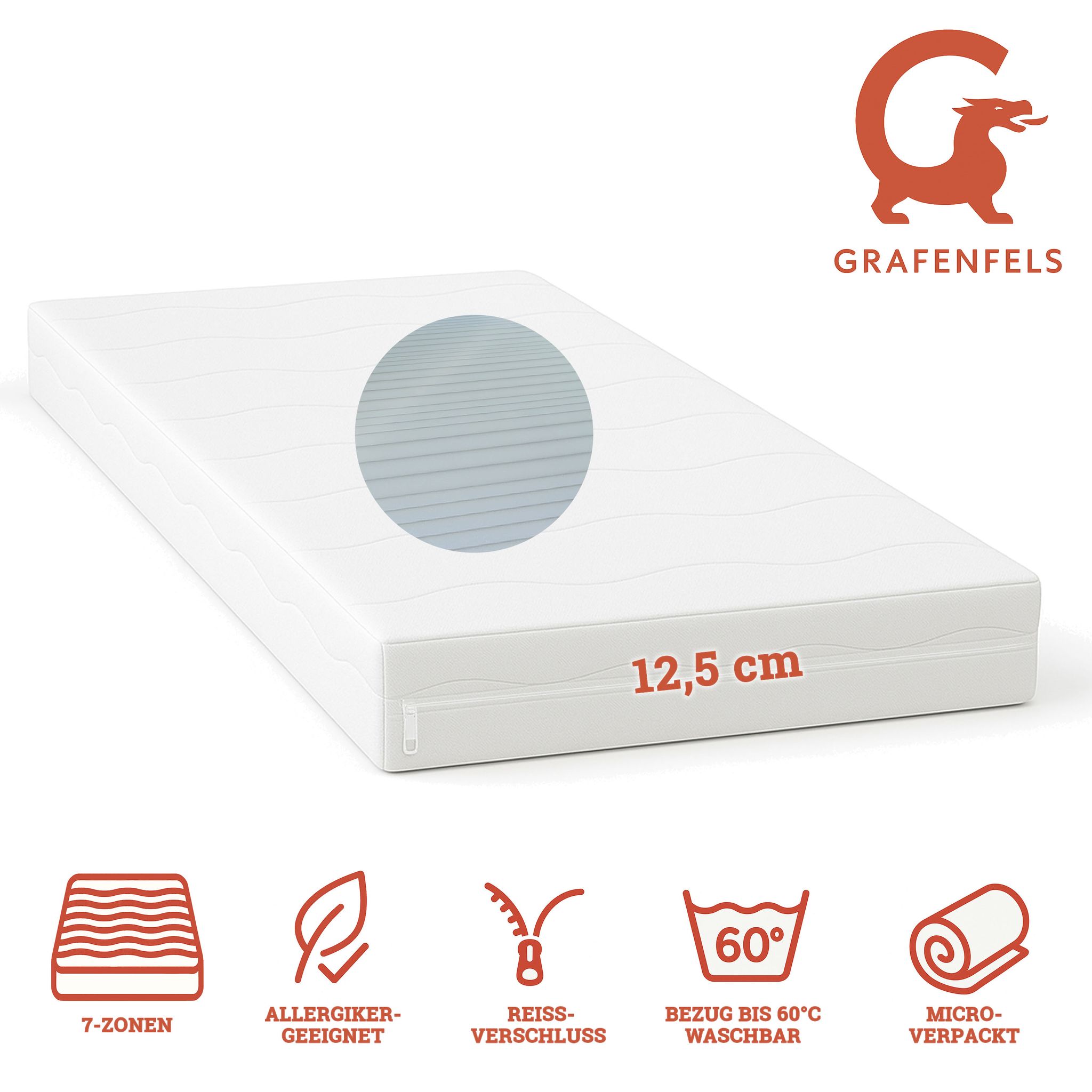 Grafenfels Matratze Bronze 90x200 fest 12,5cm hoch 7-Zonen 