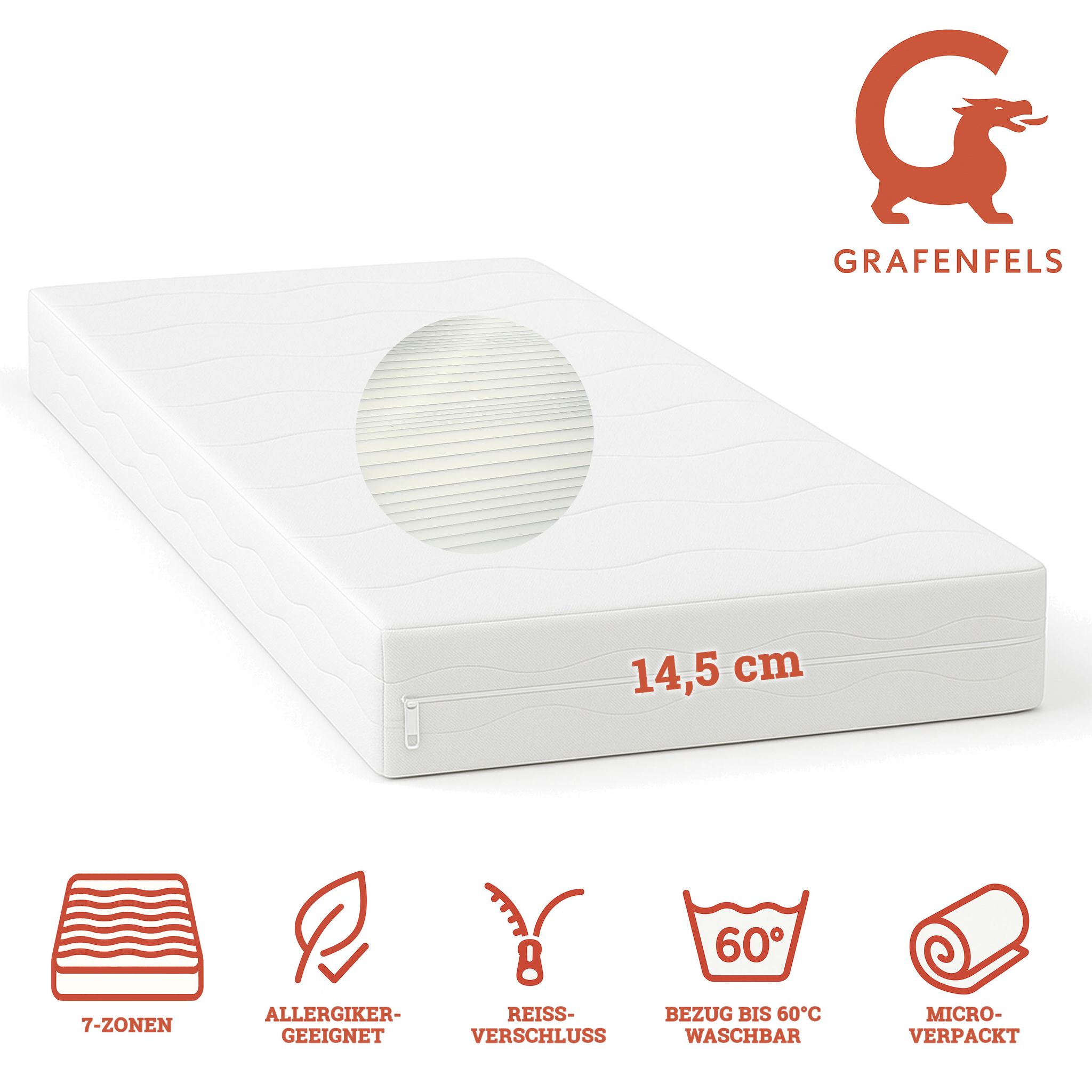 Grafenfels Matratze Silber 90x200 extra fest 14,5cm hoch 7-Zonen 