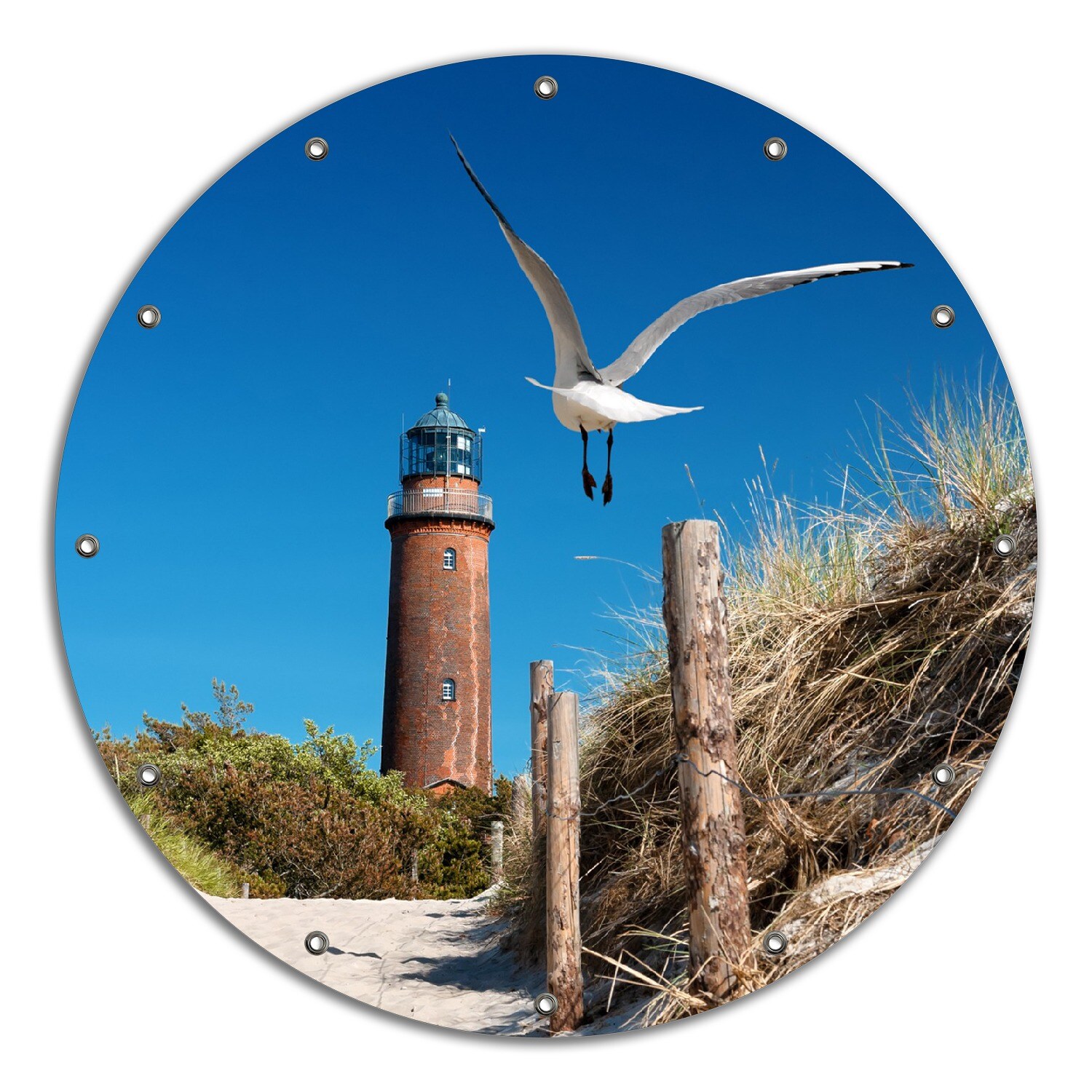 Gartenposter ca. 60 x 90 cm Möwe am Strand mit Leuchtturm