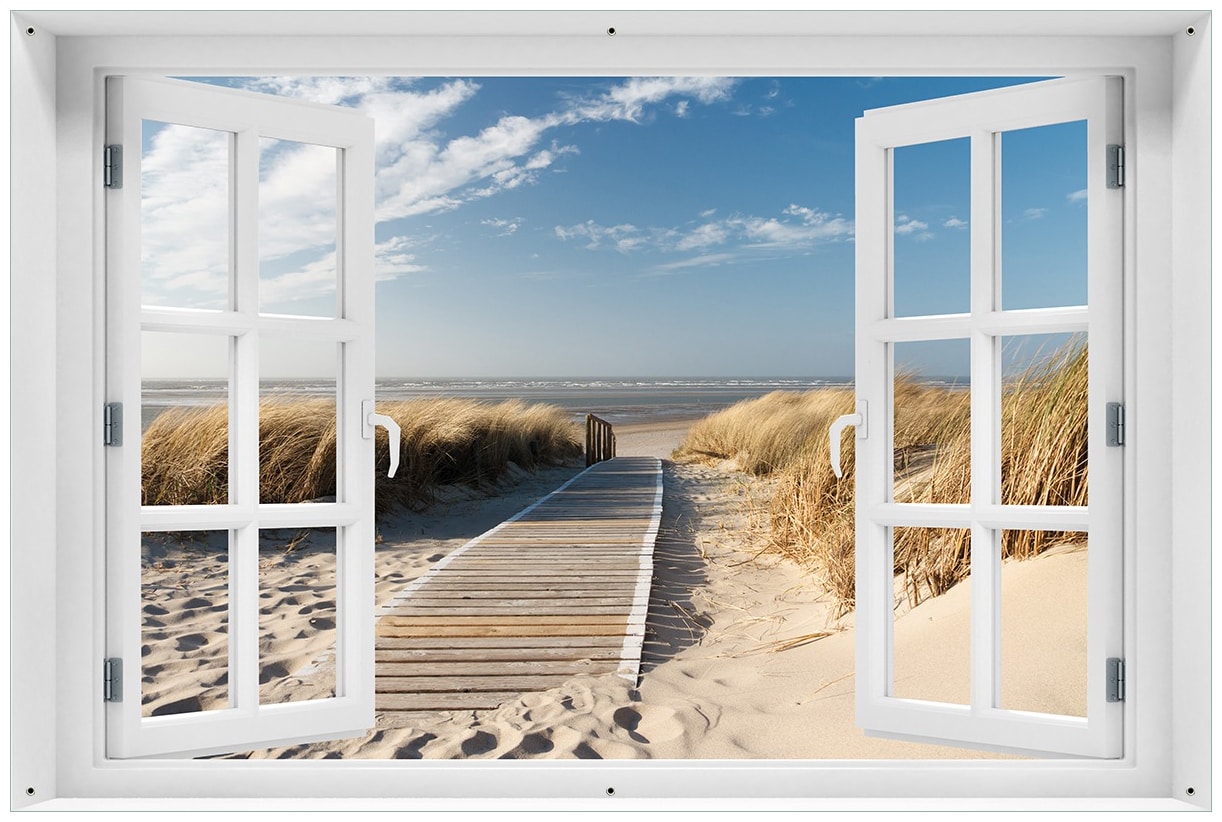 Wallario Gartenposter ca. 80 x 120 cm Fenster-Illusion Auf dem Holzweg zum Strand 