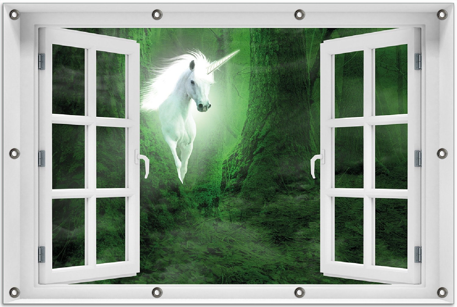 Wallario Gartenposter ca. 80 x 120 cm Fenster-Illusion Wei&szlig;es Einhorn im gr&uuml;nen Wald 