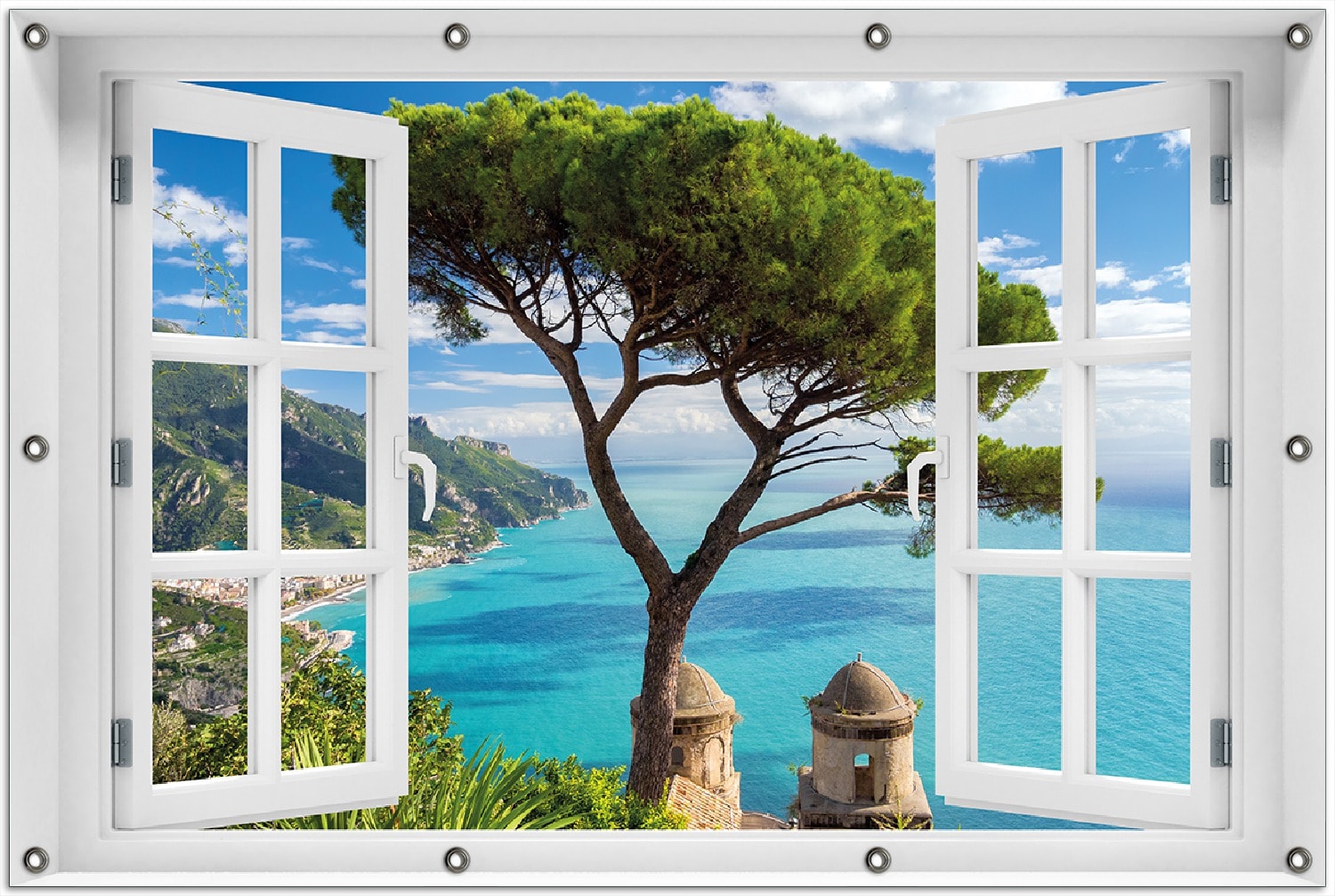 Wallario Gartenposter ca. 60 x 90 cm mit Fenster-Illusion Italienische K&uuml;ste 