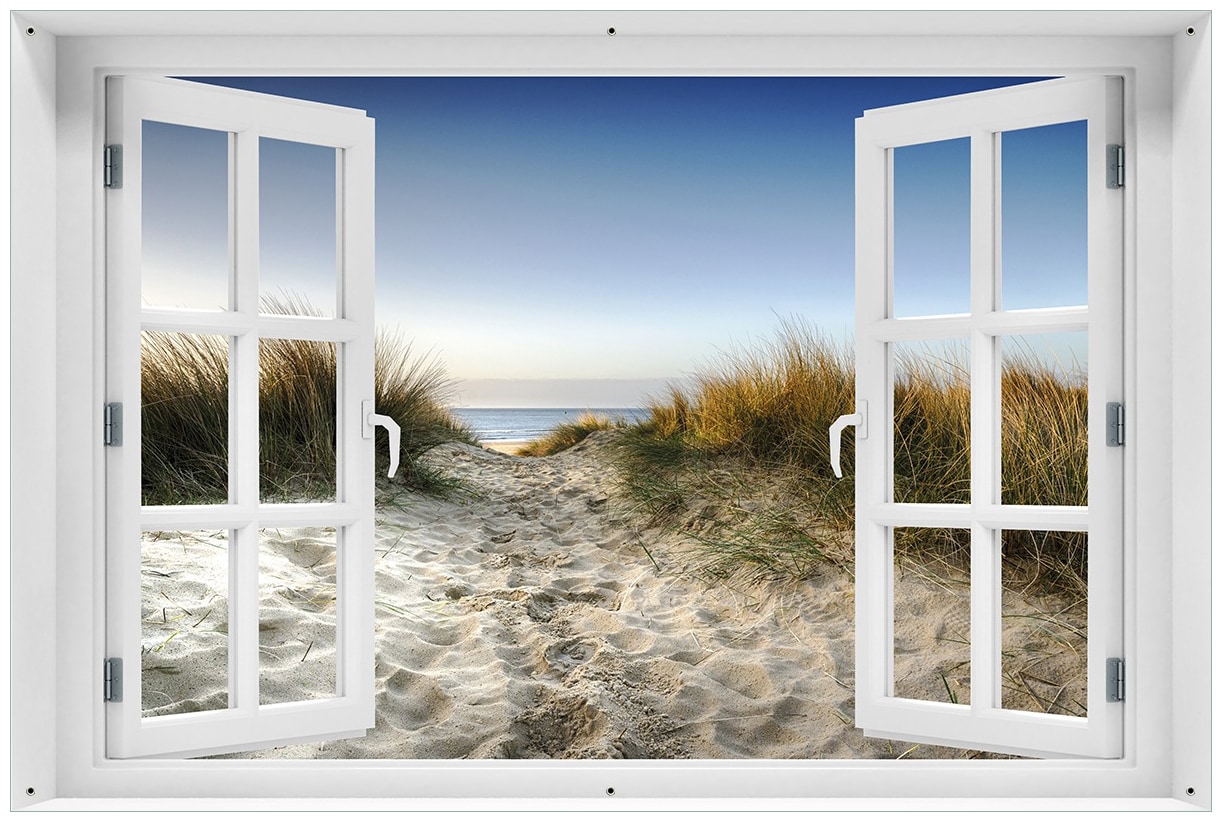 Wallario Gartenposter ca. 100 x 150 cm mit Fenster-Illusion Weg durch die D&uuml;nen zum Strand am Meer 
