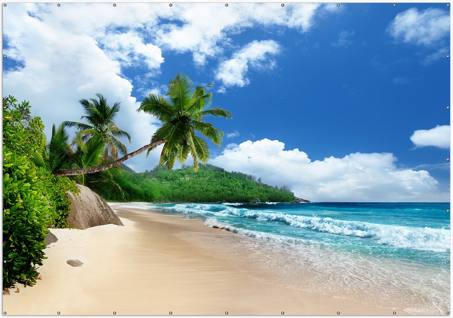 Gartenposter ca. 60 x 90 cm Urlaub auf den Seychellen unter Palmen am Sandstrand