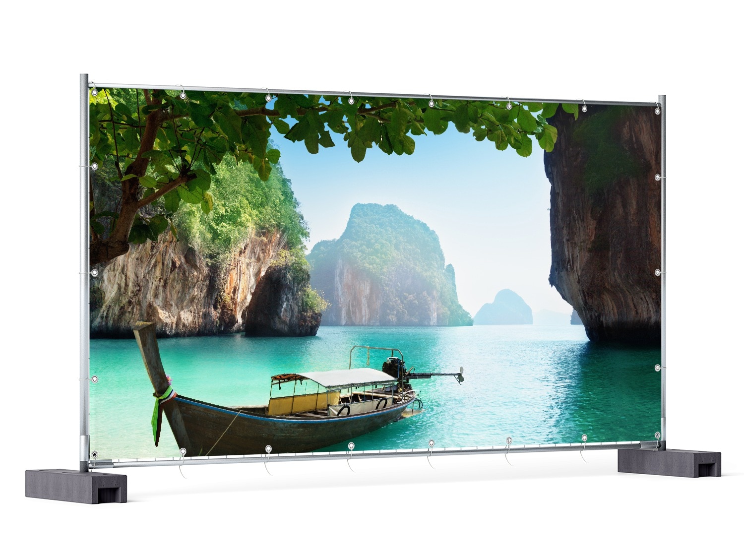 Wallario Gartenposter ca. 100 x 150 cm Fischerboot in Thailand  blaues Meer und Steinfelsen 