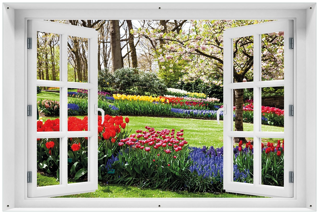Wallario Gartenposter ca. 100 x 150 cm mit Fenster-Illusion Bunte Blumen und Kirsch-Baum im Park bl&uuml;hen im Fr&uuml;hling 